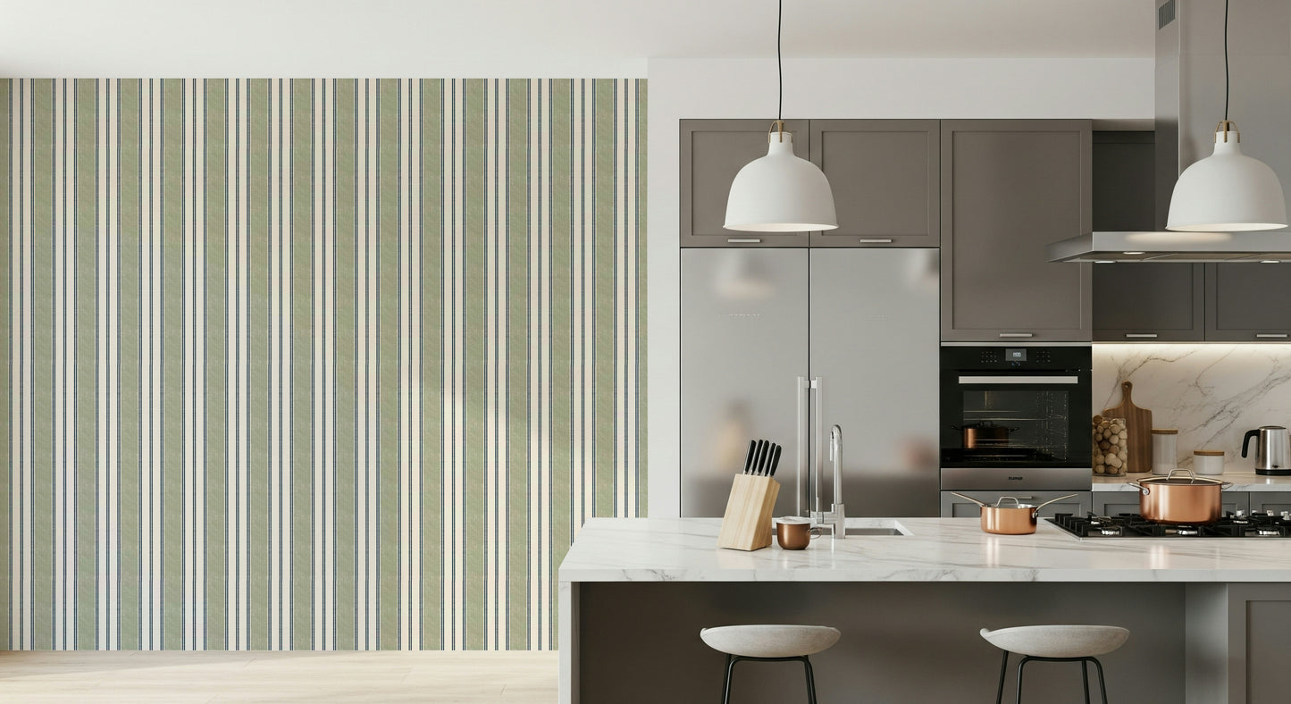 Classic green and white striped wallpaper blending traditional and modern preppy design.