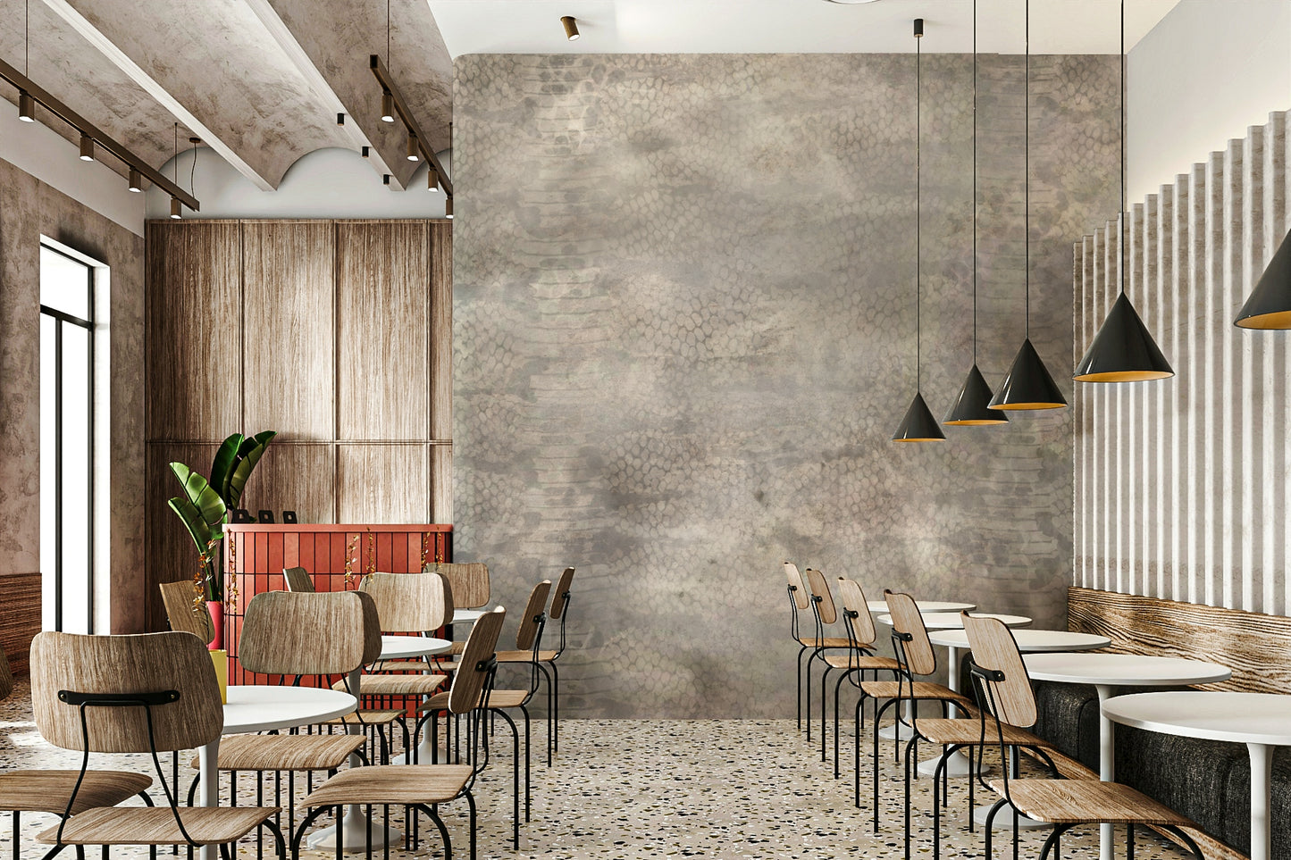 Wall mural with silver snake scale textures creating a bold and stylish effect.