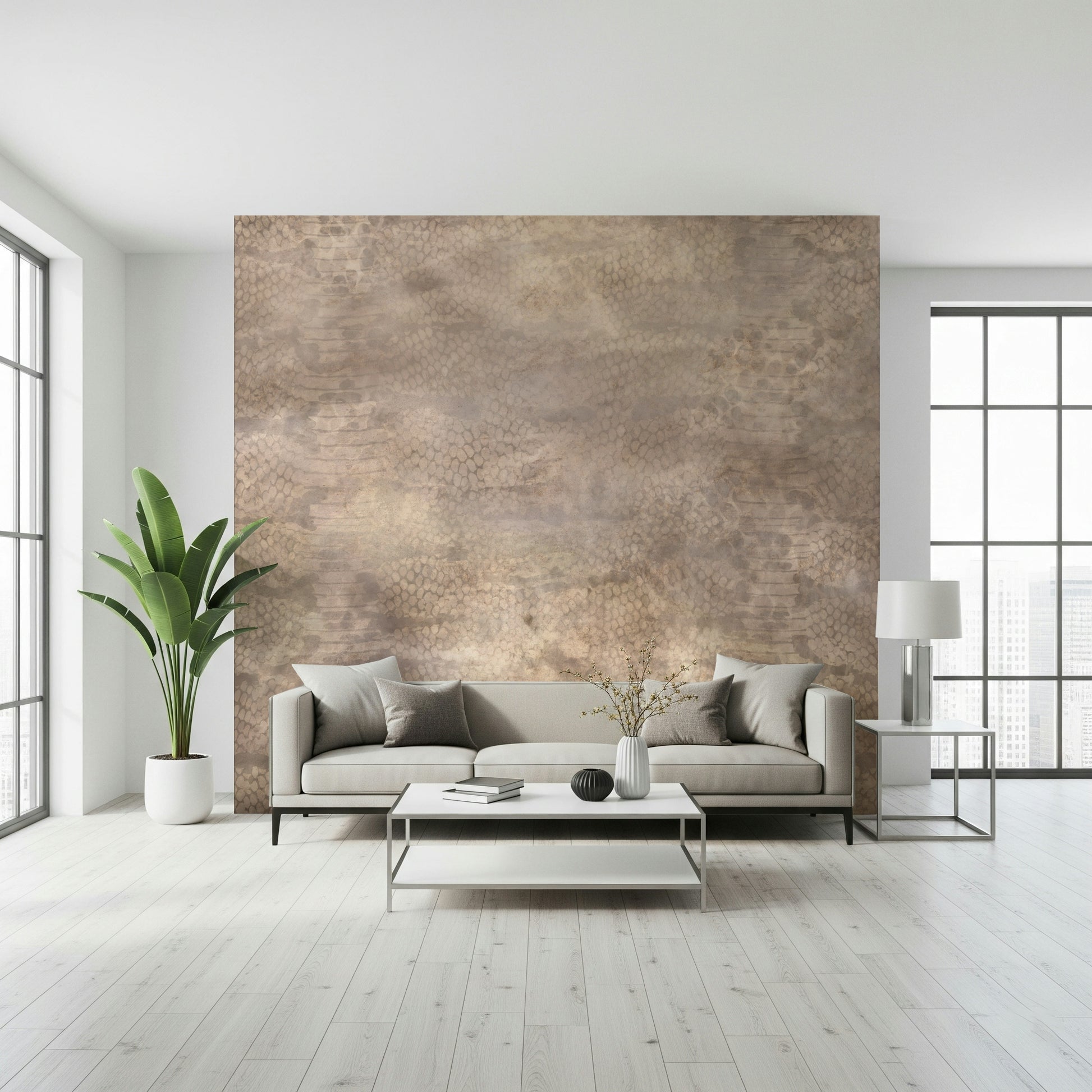 Snakeskin Rose Gold Wall Mural featuring realistic snake scale textures in metallic rose gold tones.