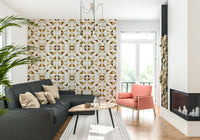 Abstract triangle pattern wallpaper in metallic gold hues for a luxurious, contemporary look.
