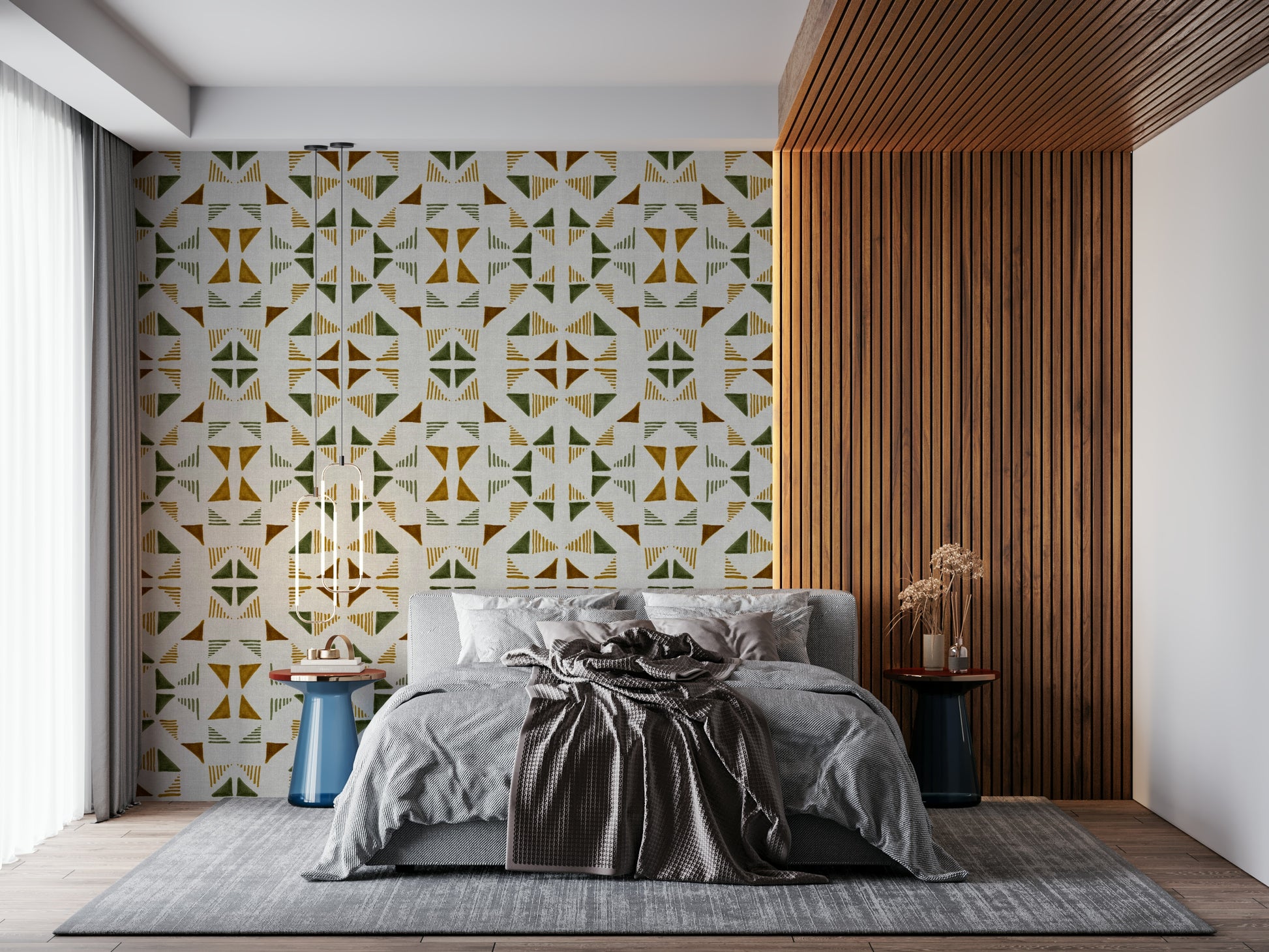 Modern foliage wallpaper with layered triangles in soft greens and neutral earthy tones.