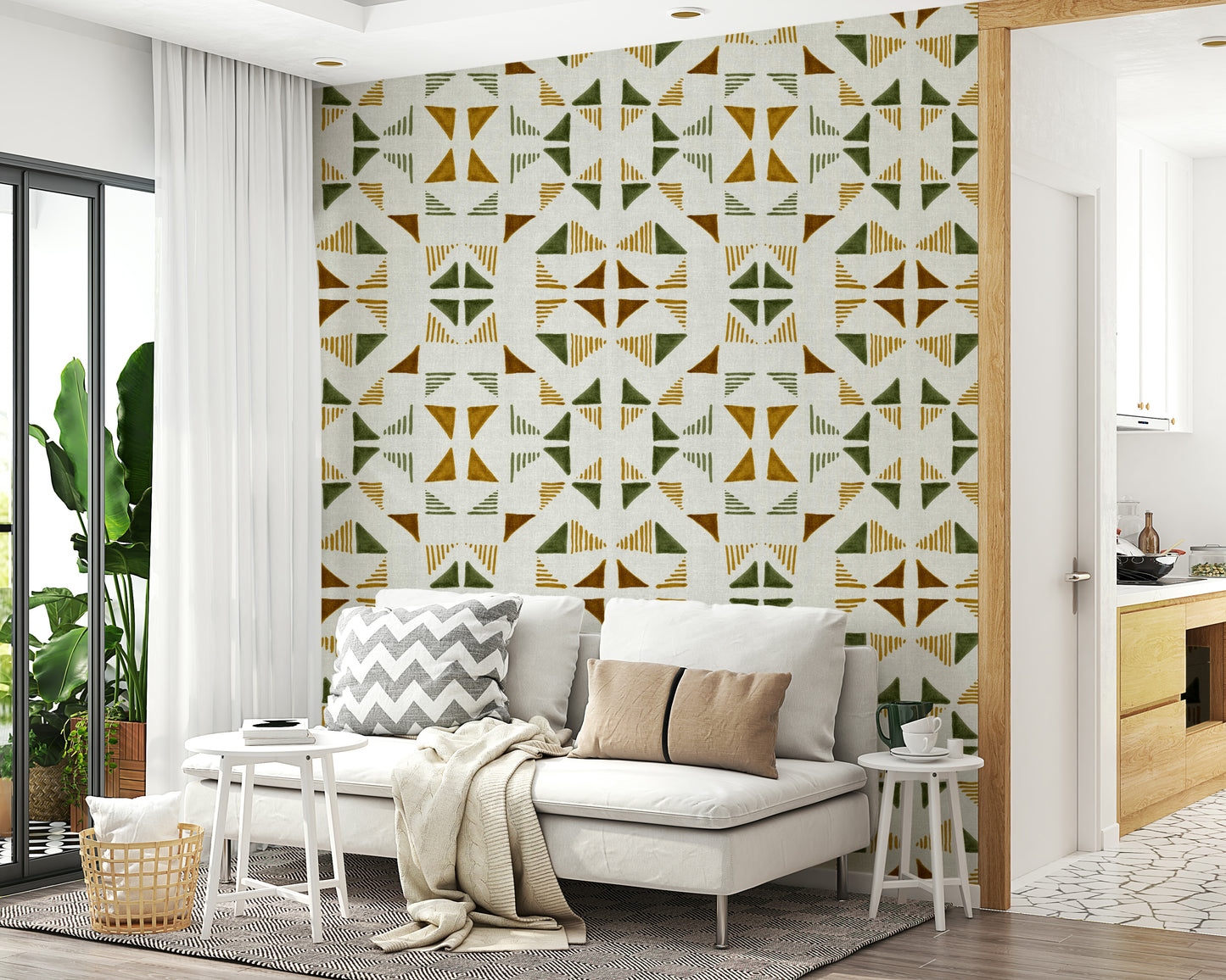 Foliage-inspired triangle pattern wallpaper adding a fresh, natural feel to interiors.