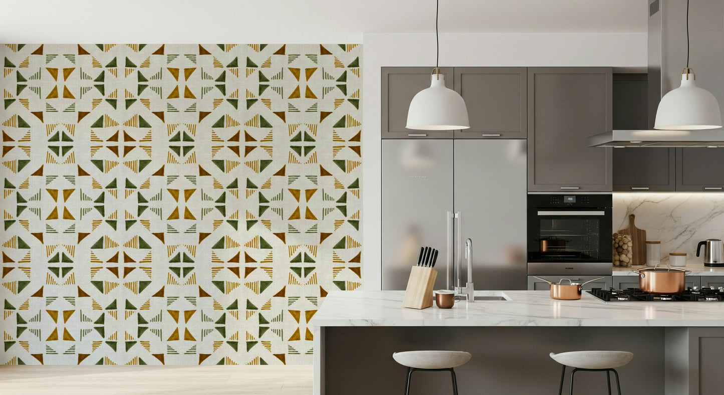 Abstract geometric wall mural with layered triangles inspired by leaves and natural textures.