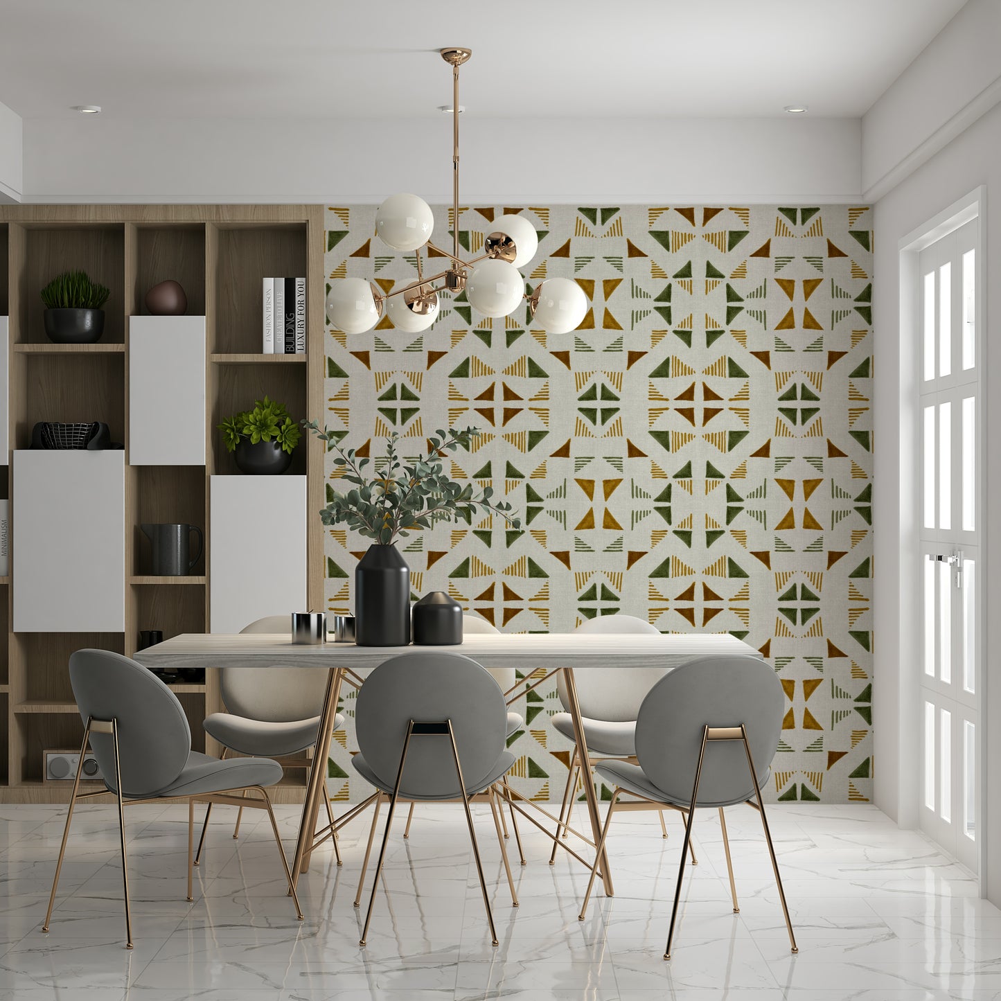 Triangles Composition Foliage Wallpaper — stylish mix of green hues and earthy accents.