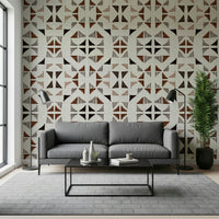 Natural wood texture wallpaper arranged in a modern triangle geometry for rustic interiors.