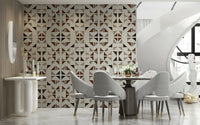 Triangle pattern wood mural with alternating grain directions for a handcrafted aesthetic.