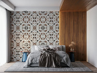 3D-effect triangle wood wallpaper featuring mixed shades of oak, walnut, and pine tones.