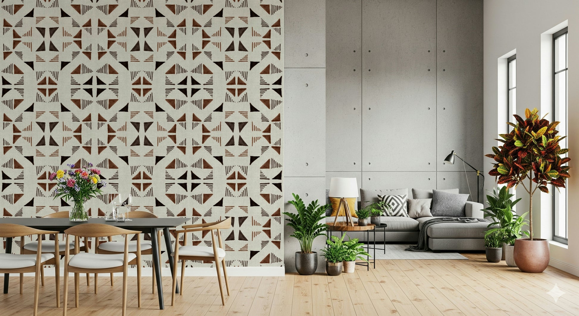 Modern geometric wall mural featuring wooden triangle patterns in warm natural tones.