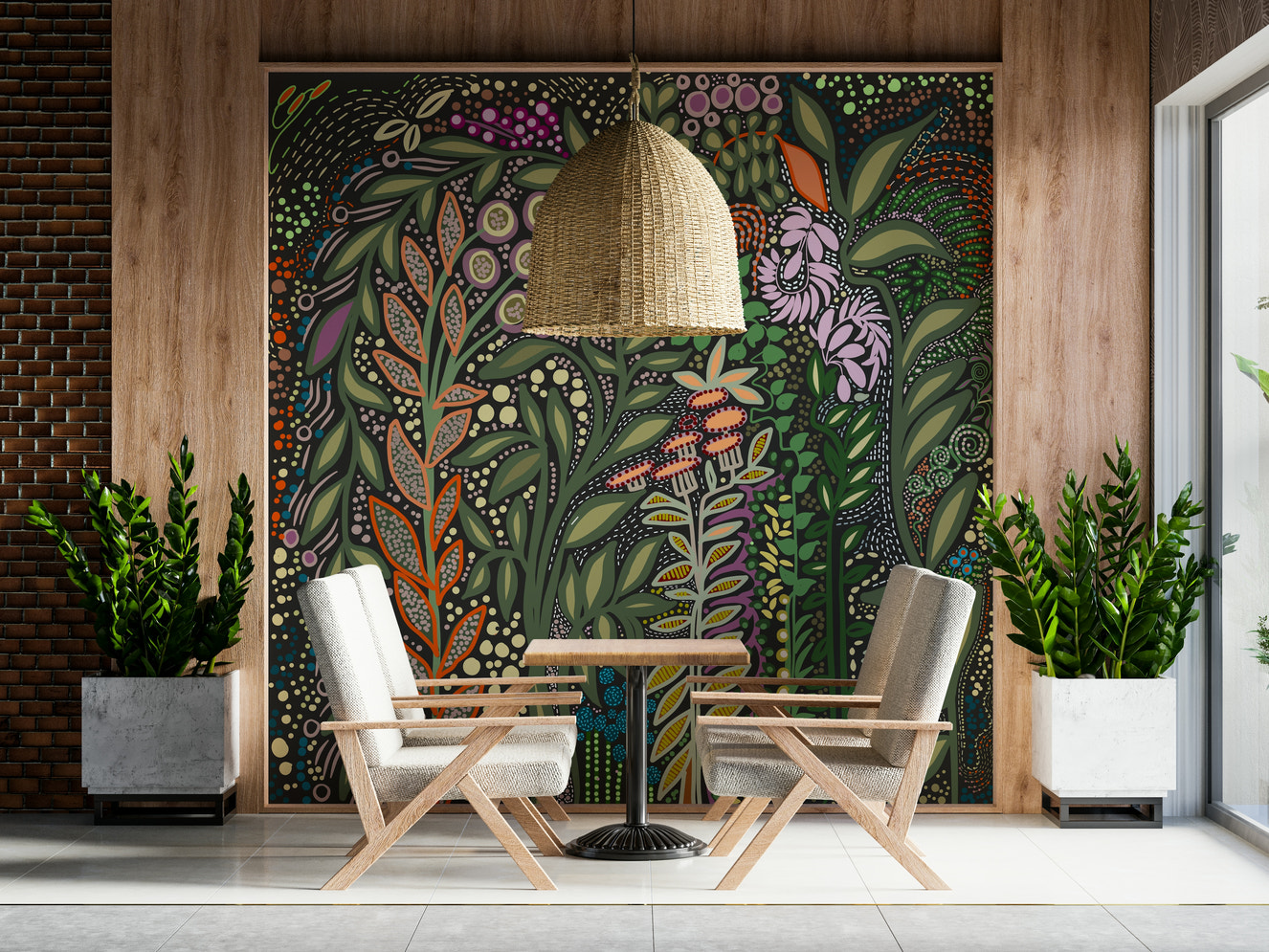 Decorative wall mural showcasing tropical Strelitzia flowers and rich green foliage.