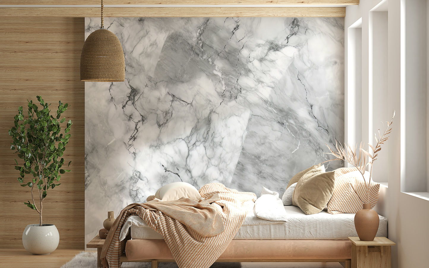 Marble-inspired wallpaper with flowing gray veins and soft stone textures.