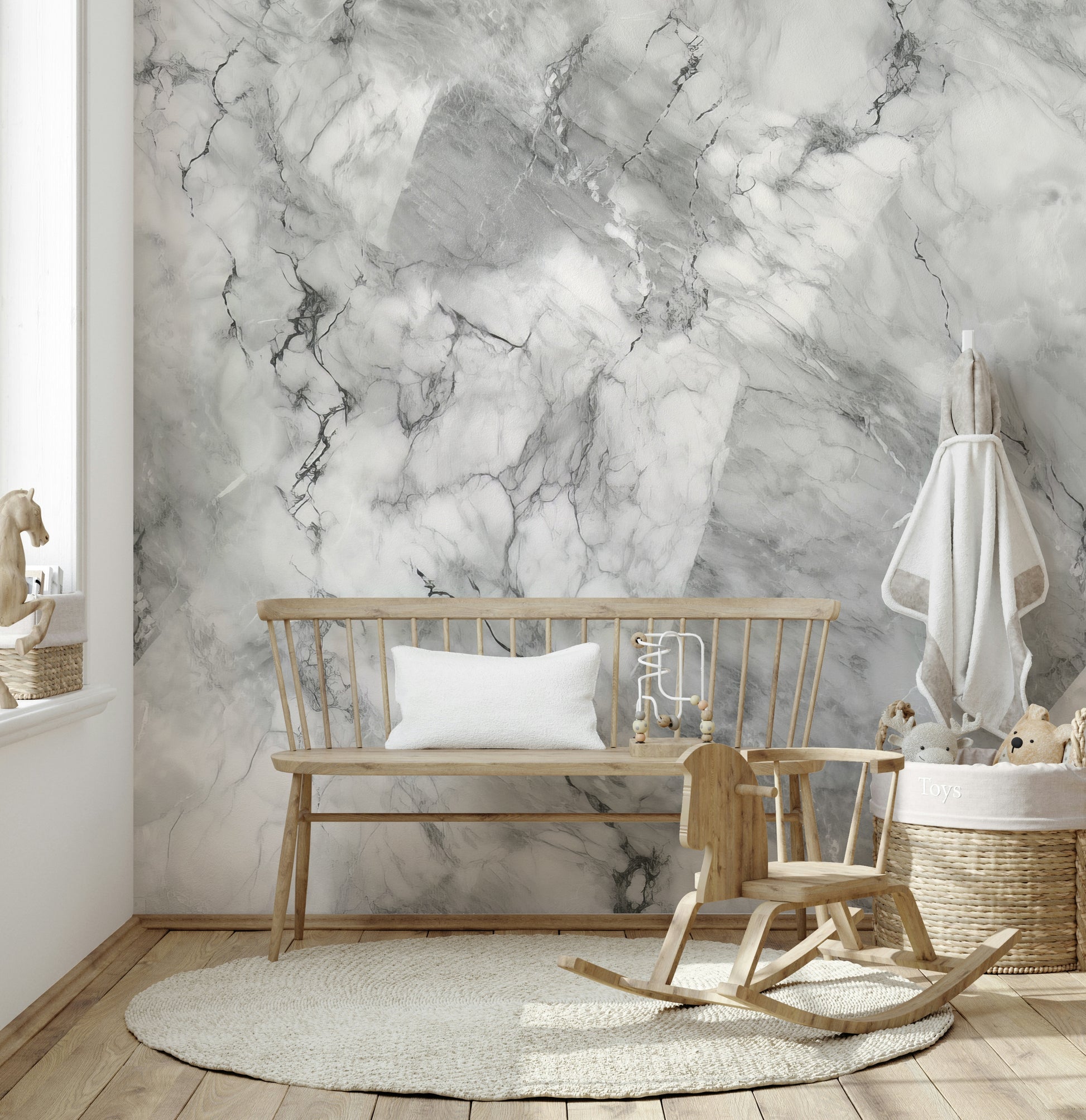 Modern marble wallpaper with soft gray tones and elegant vein details.