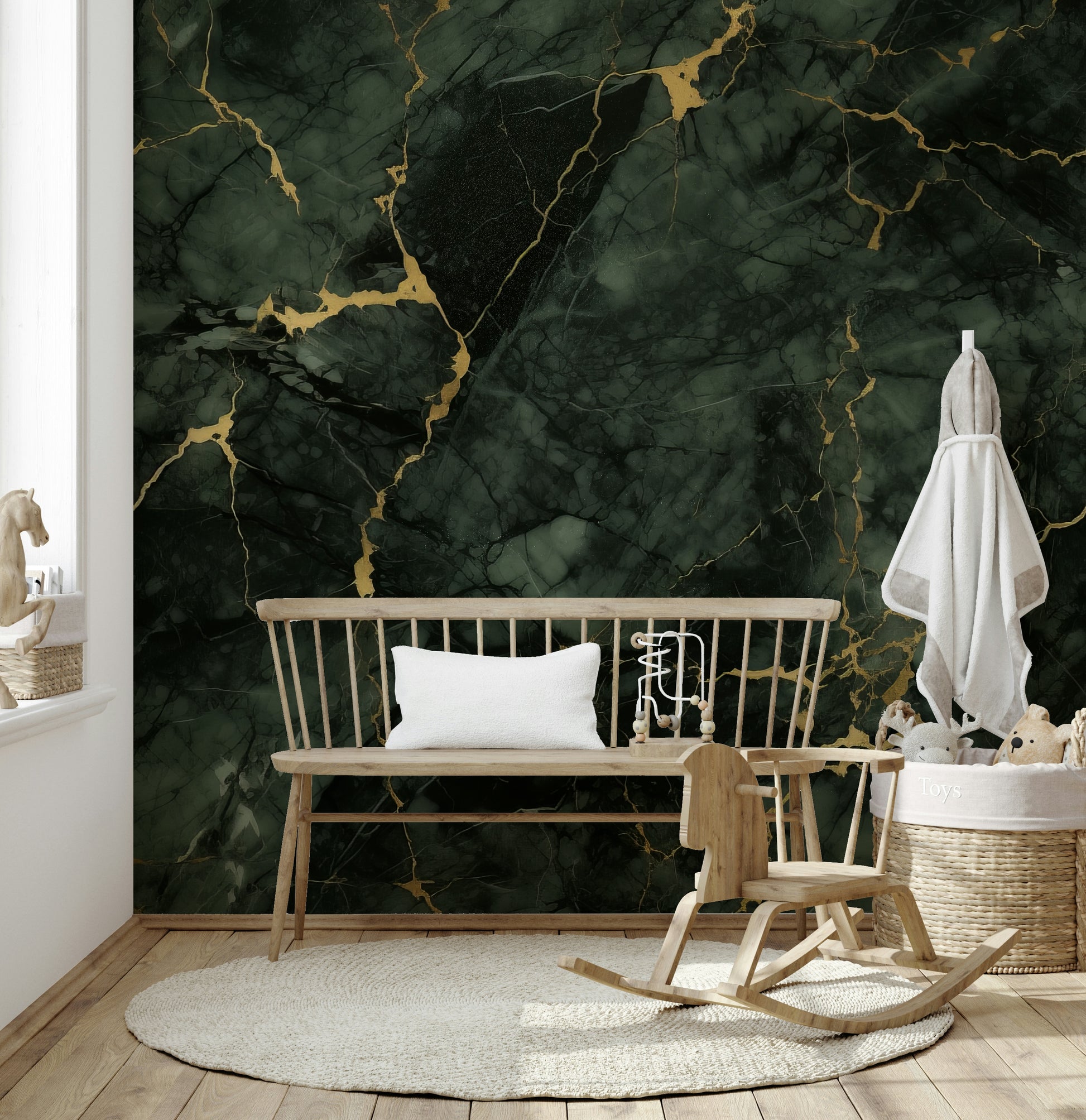 Decorative wall mural with natural stone textures highlighted by subtle gilded details.