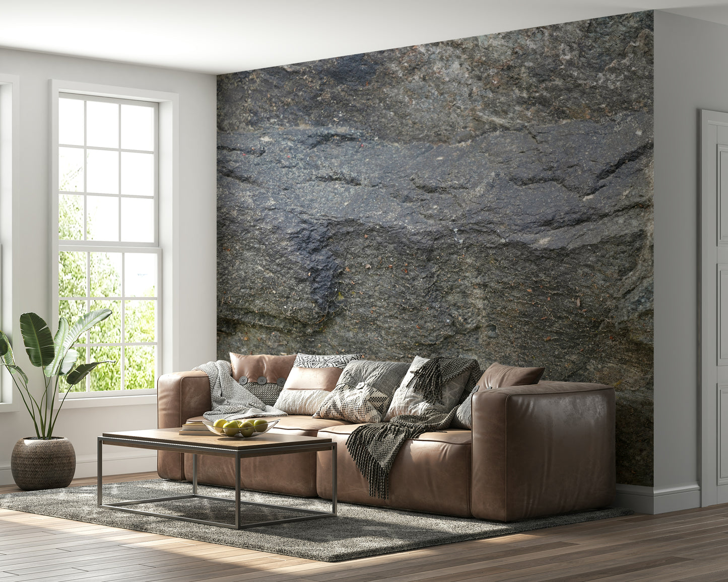 Decorative mural featuring smooth stone patterns resembling natural granite surfaces.