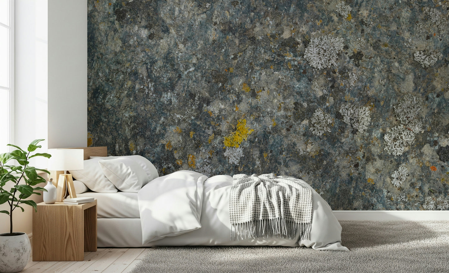 Decorative mural featuring textured rocks with natural lichen and moss patterns.