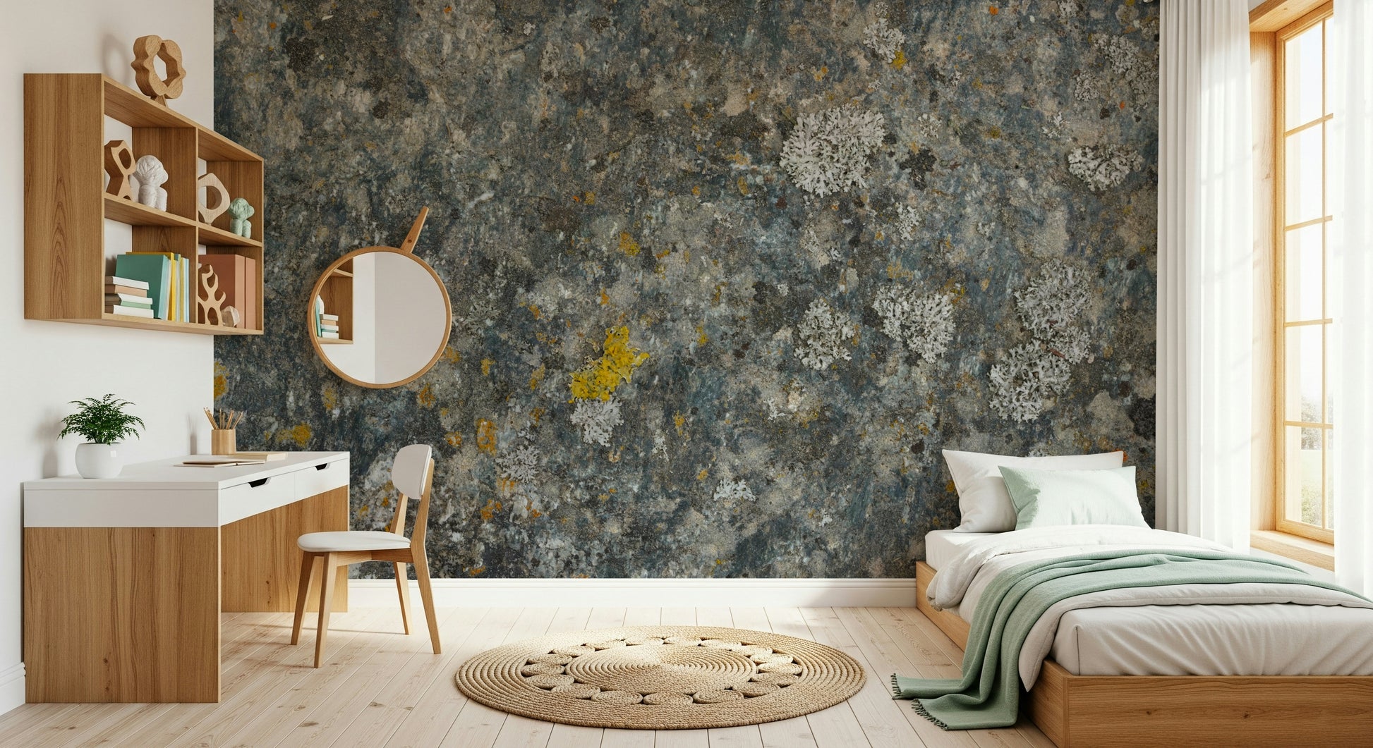 Wall mural with detailed lichen-covered rocks for a realistic, earthy effect.