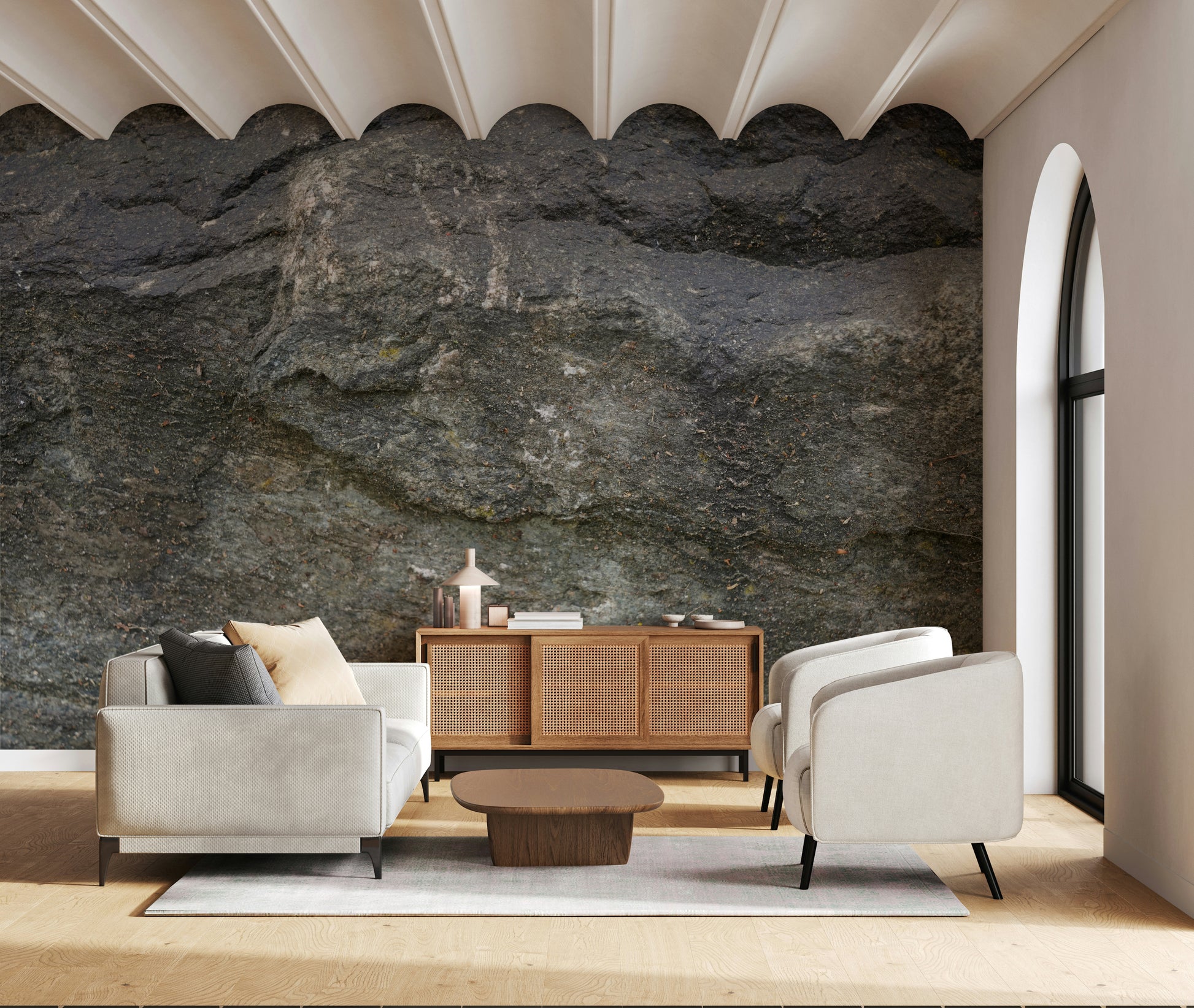Wall mural with natural stone textures, cracks, and weathered appearance.