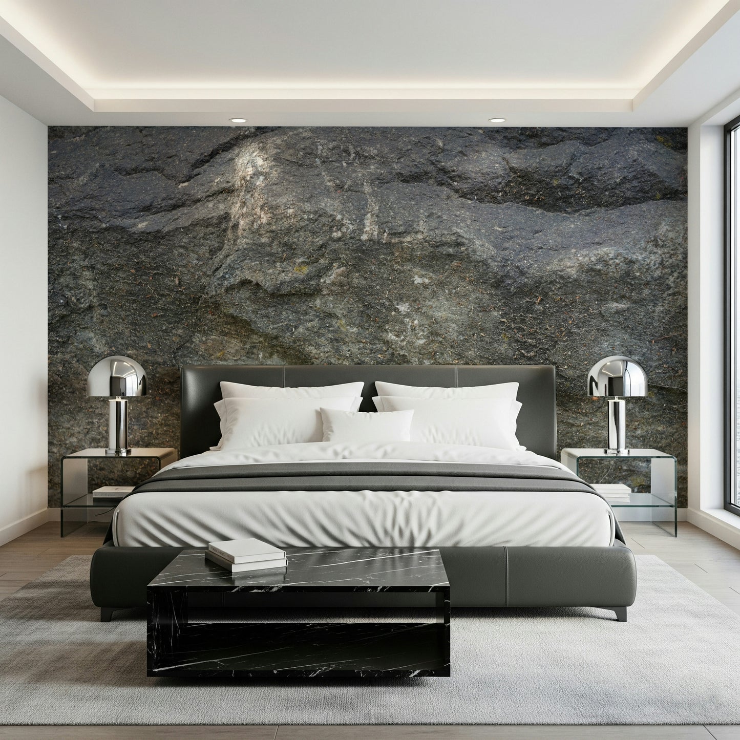 Decorative wall mural with weathered stone texture for a rustic, natural look.