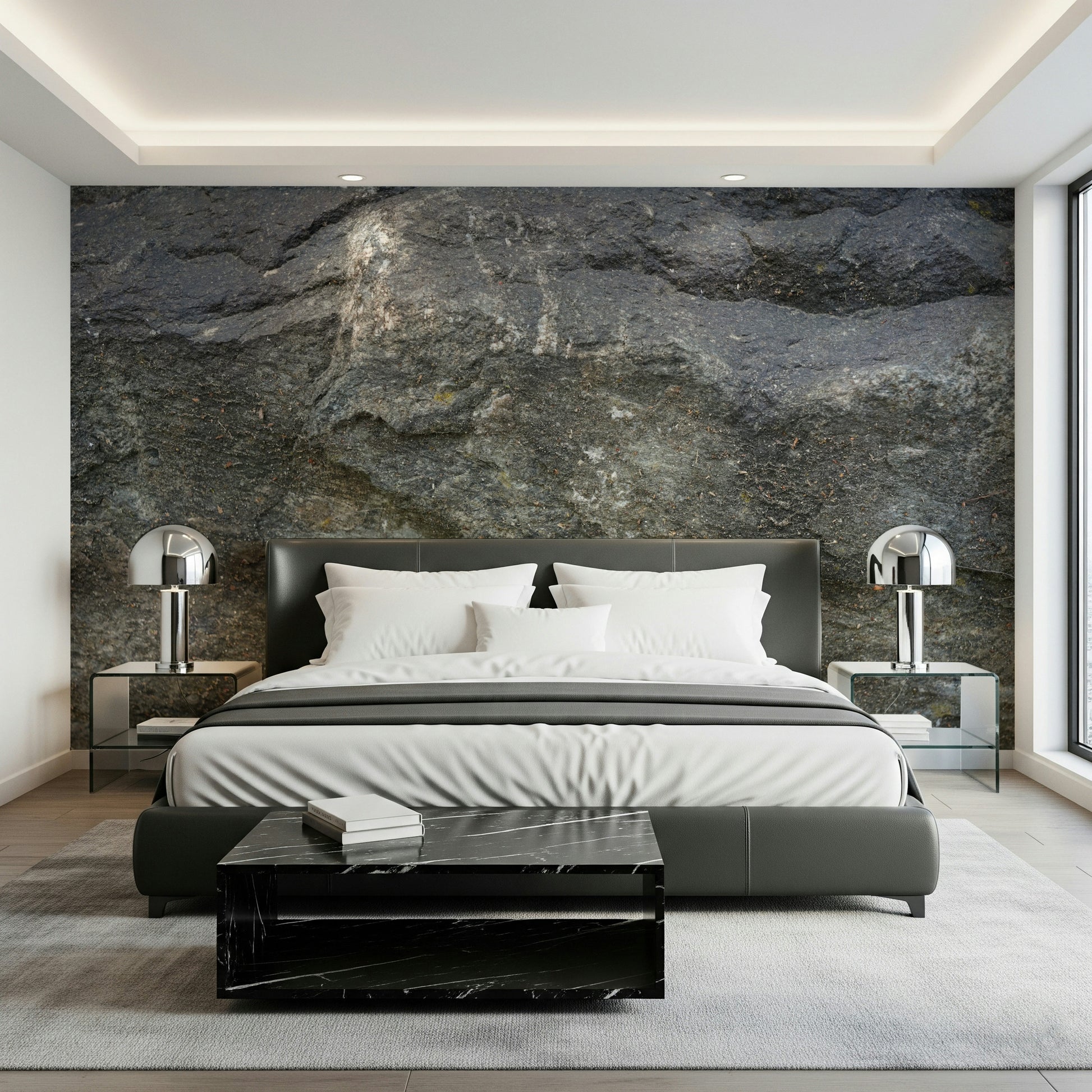 Decorative wall mural with weathered stone texture for a rustic, natural look.