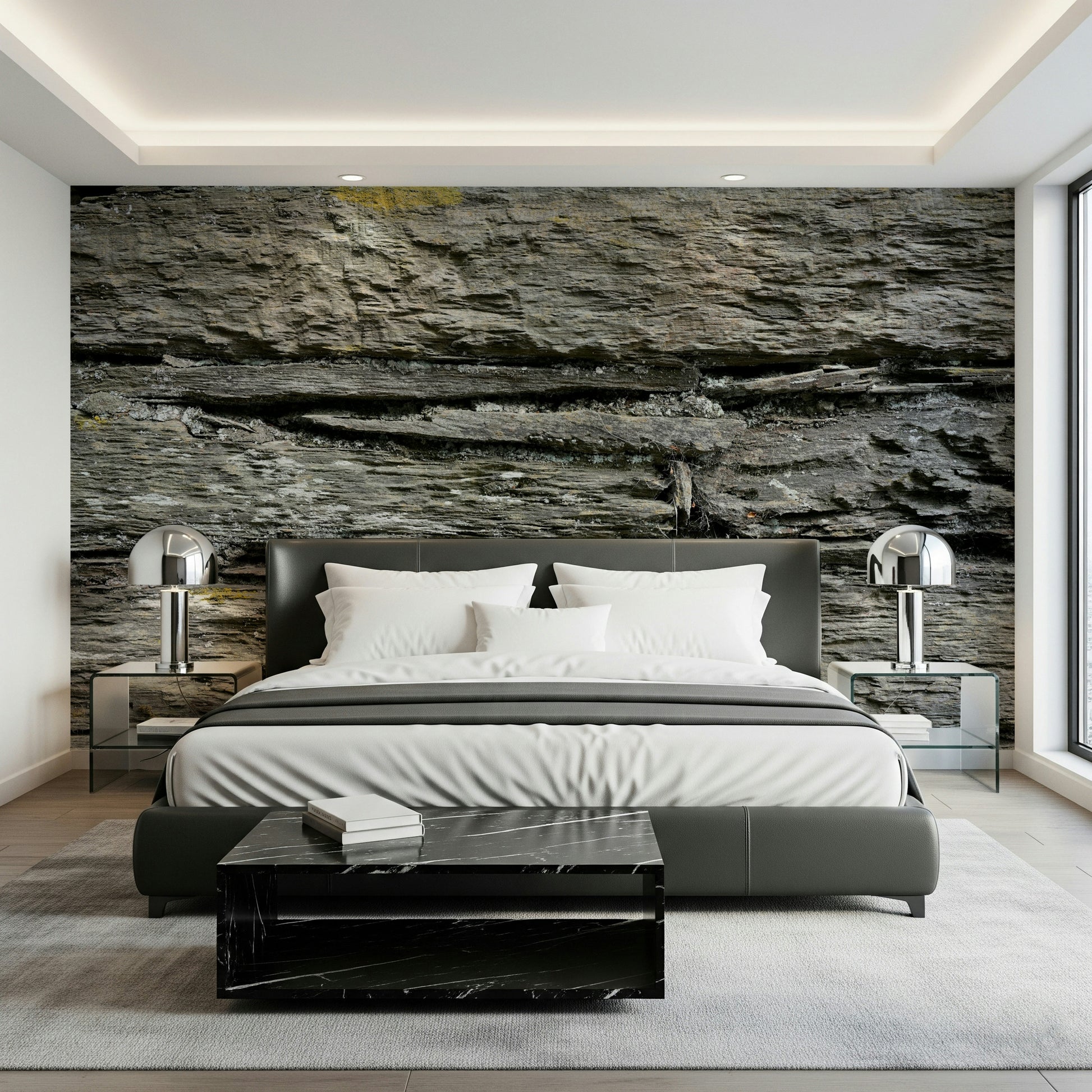 Rustic stone texture wall mural adding warmth, texture, and natural charm to living rooms or feature walls.