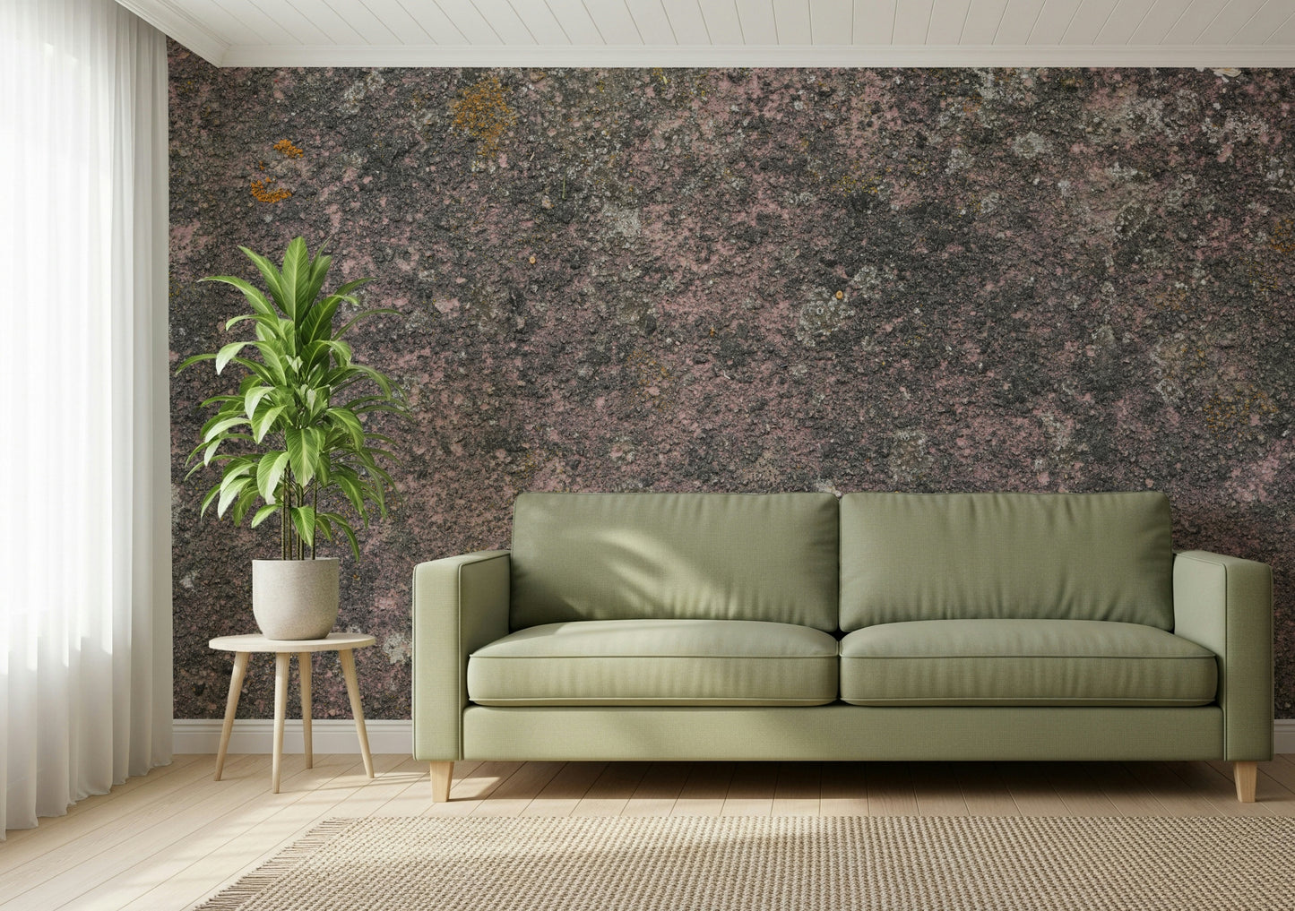Textured wall mural with aged soil patterns creating depth and a grounded, organic accent wall.