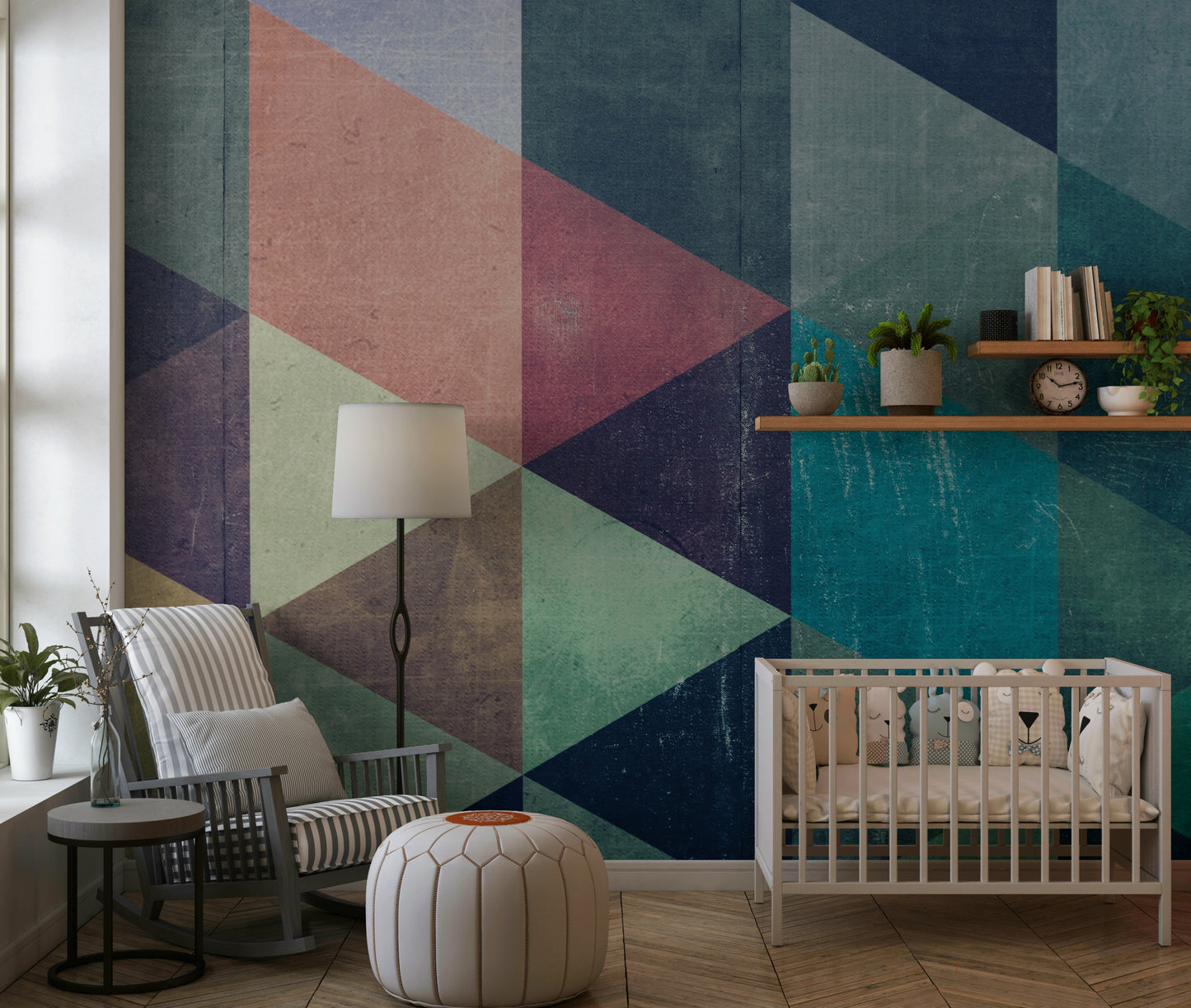 Decorative wall mural combining retro geometric triangles with bold color contrasts for contemporary spaces.