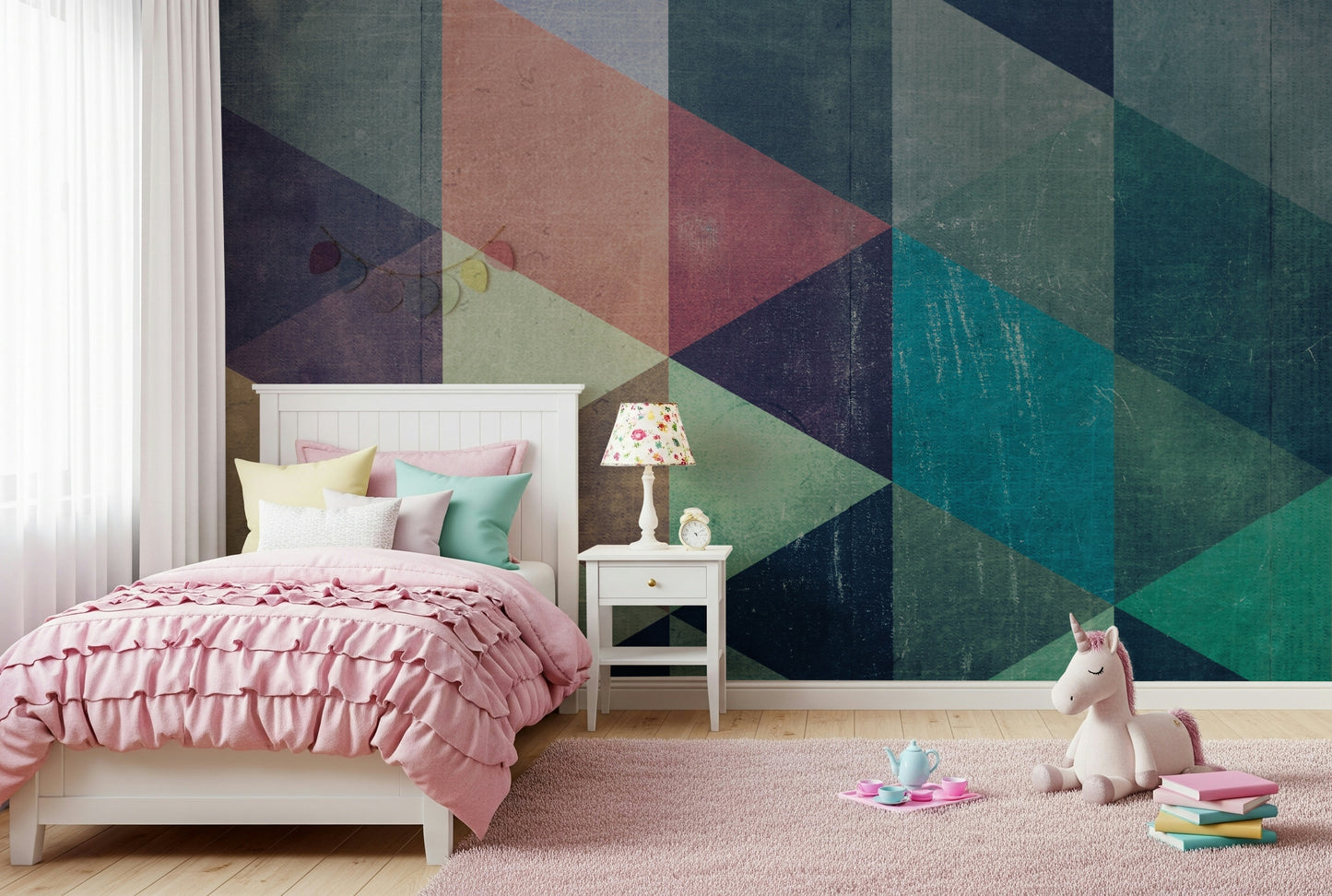 Retro Triangle Fusion wallpaper mural blending layered triangular patterns for modern, playful décor.