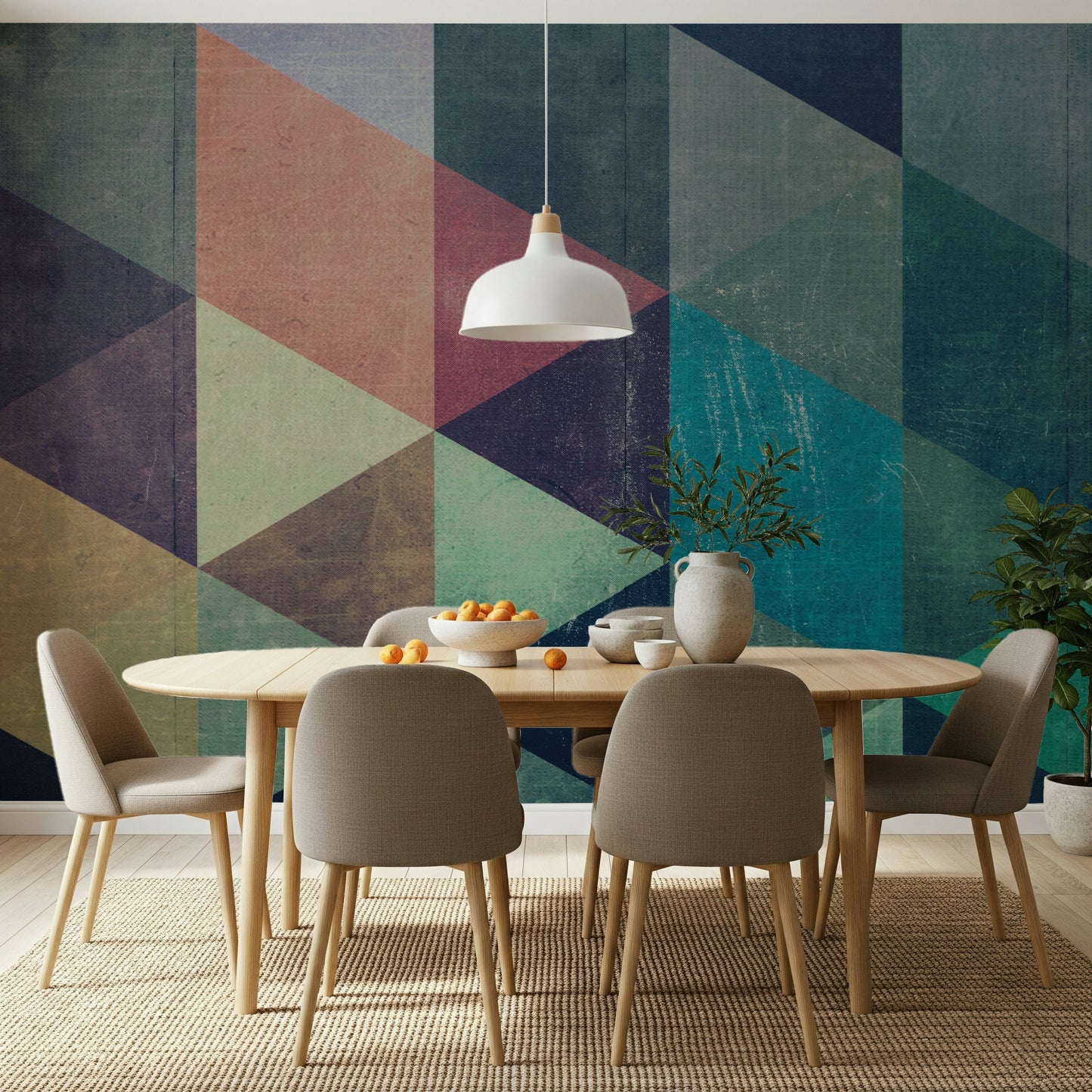 Wall mural showcasing retro triangle shapes in layered colors for contemporary or vintage décor.