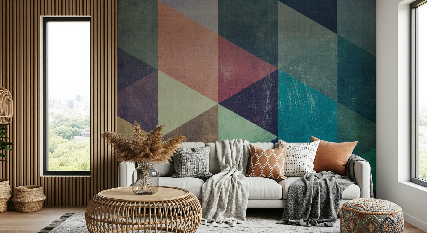 Wall mural featuring geometric triangles in retro hues for bedrooms, offices, or feature walls.