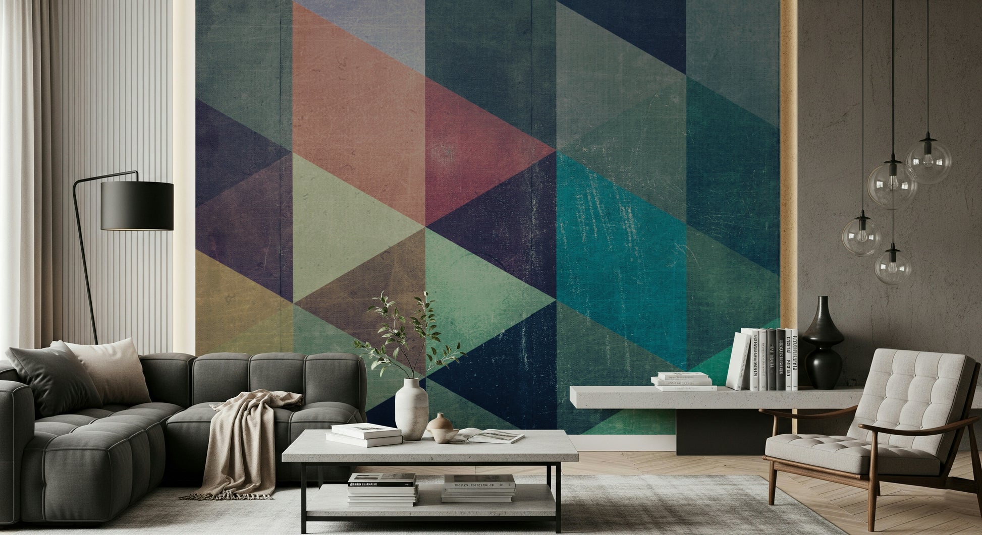 Decorative triangle fusion wallpaper mural adding energy, movement, and retro style to living spaces.
