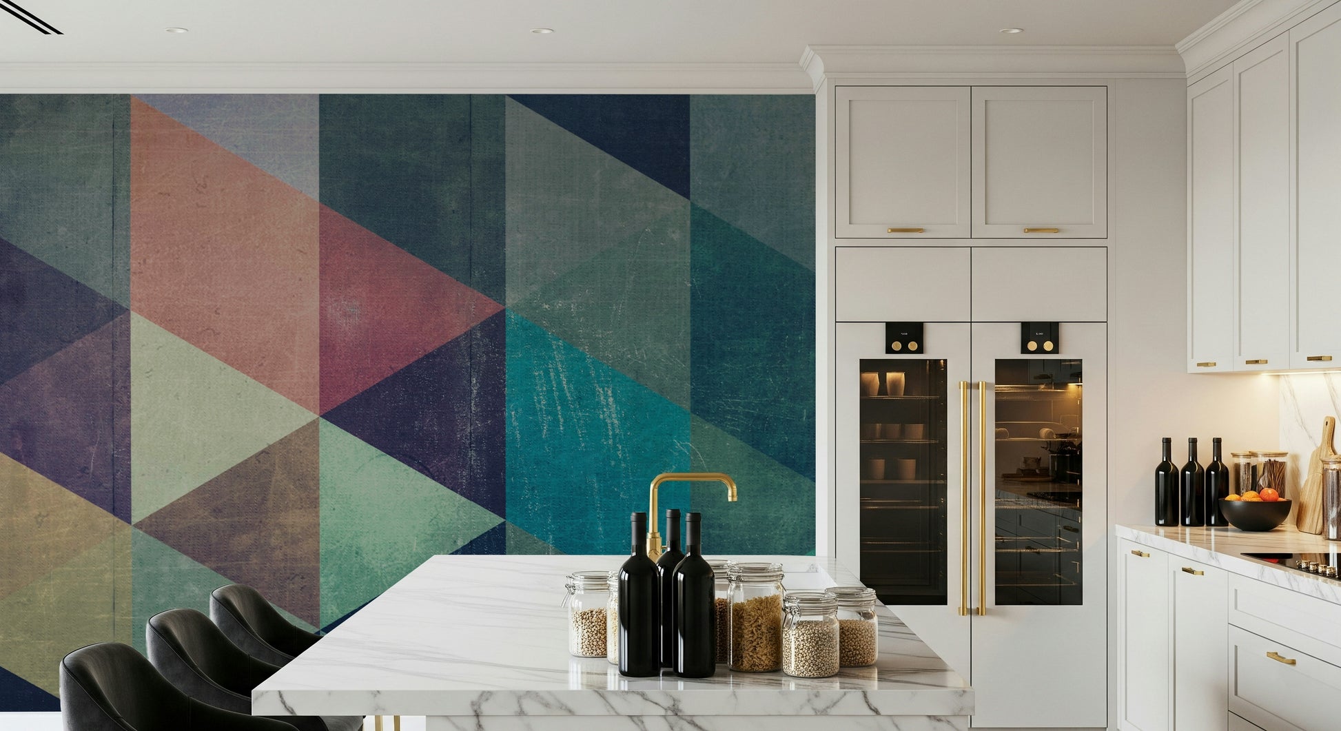 Geometric wall mural with fused triangle patterns creating a dynamic, mid-century-inspired accent wall.