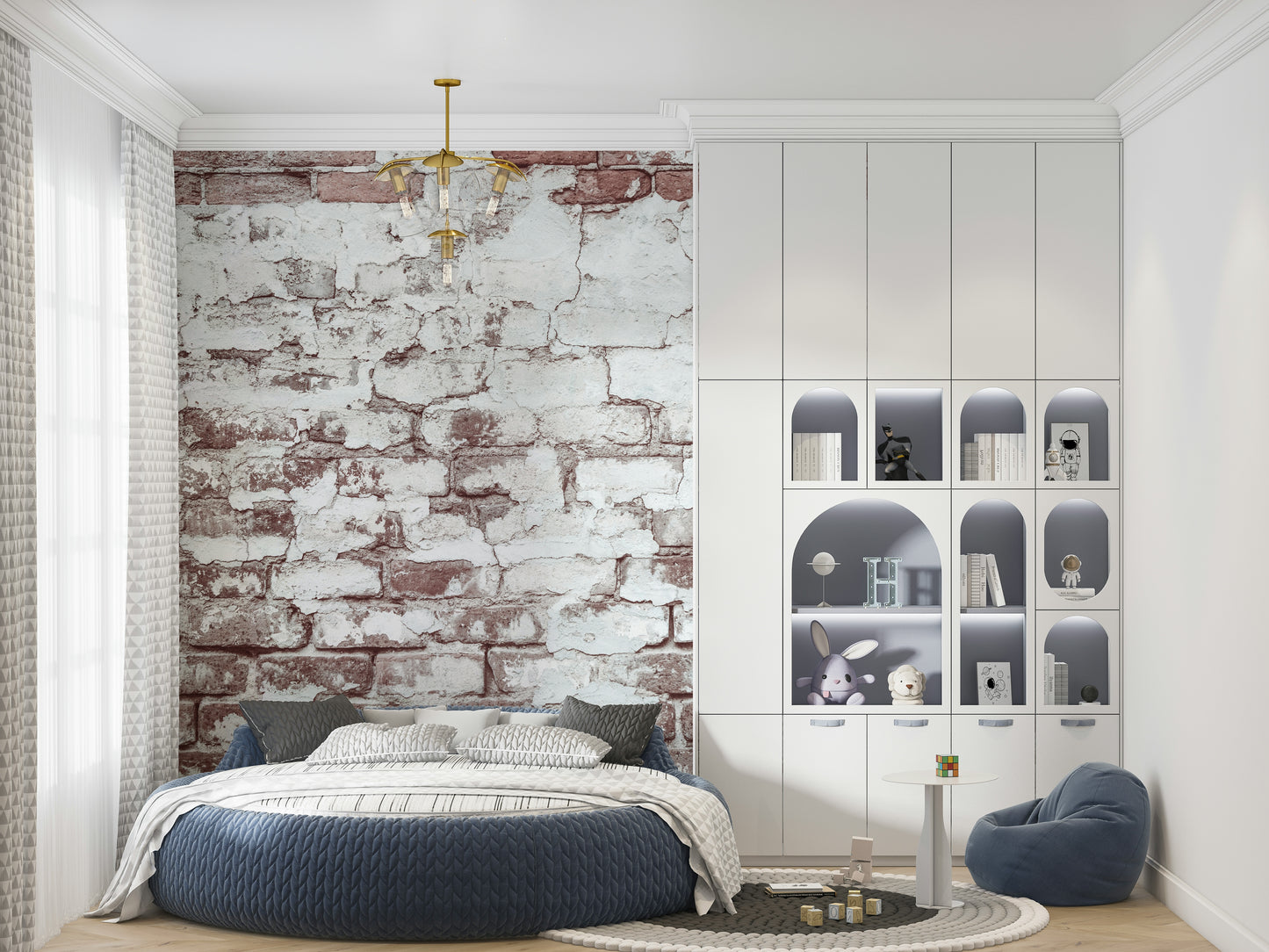 Textured wall mural with washed, vintage brick patterns creating a warm and inviting accent wall.