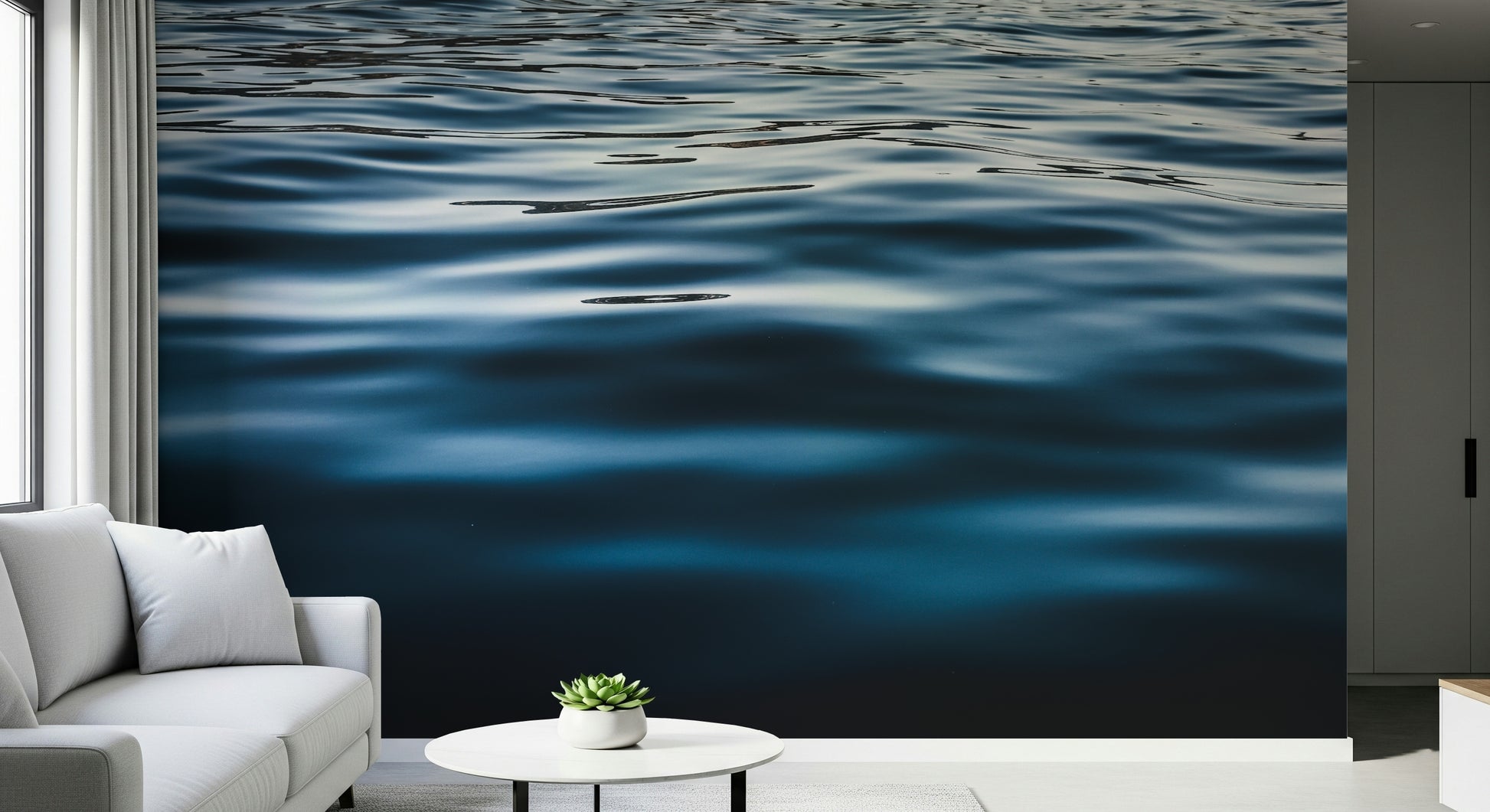 Wall mural with flowing deep blue waters creating a relaxing and immersive interior atmosphere.