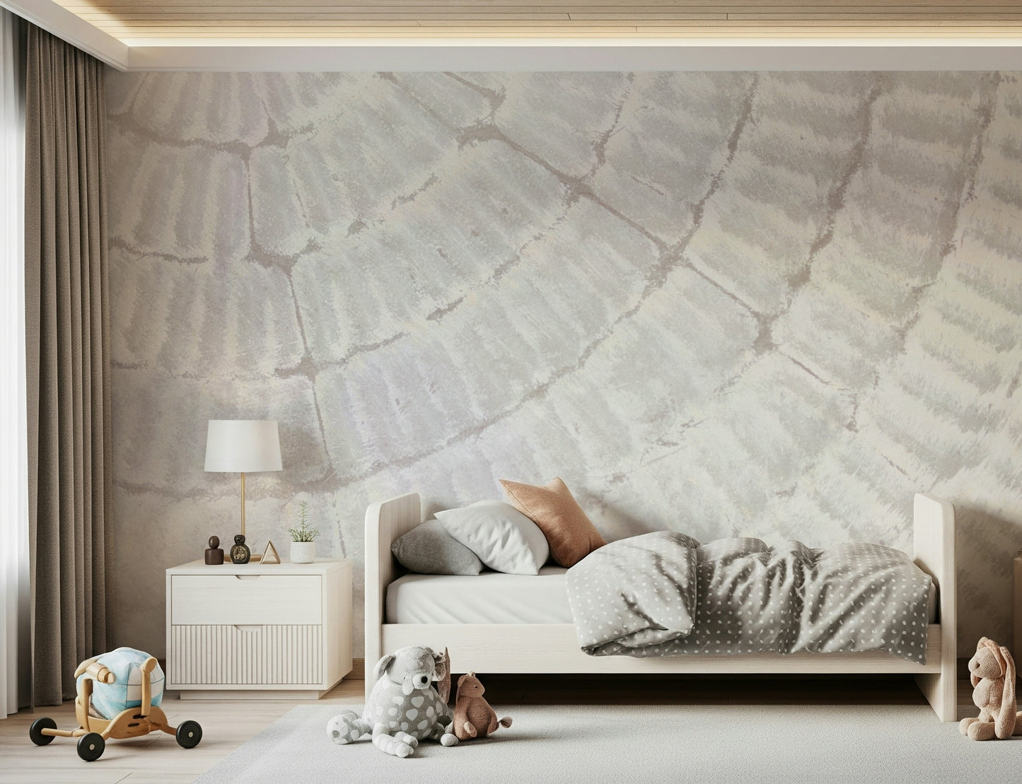 Soft, textured wall mural creating a serene ambiance with subtle depth and neutral hues.