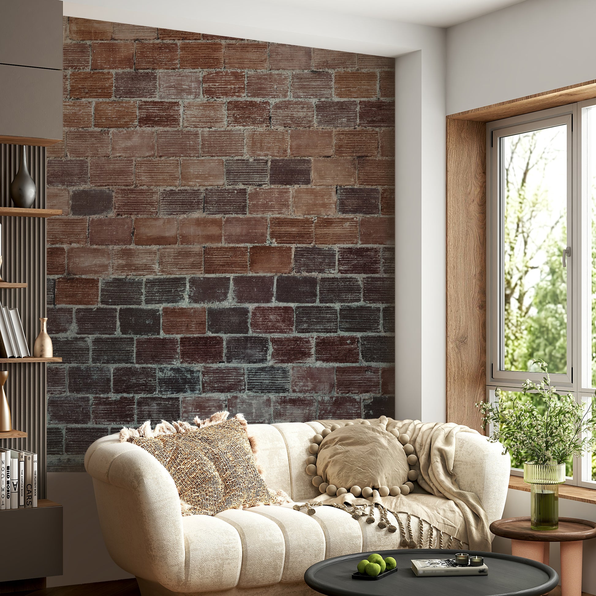 Rustic brick wall mural blending warm tones and weathered textures for timeless interior appeal.