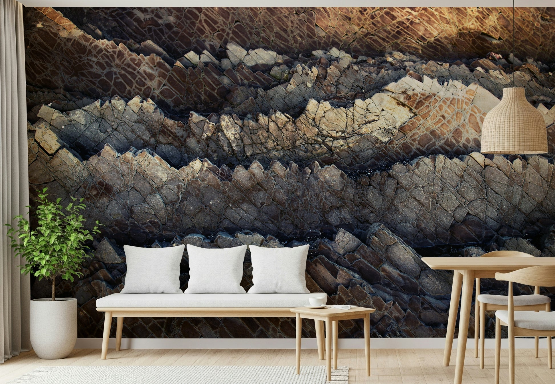 Stratified stone texture wallpaper mural adding natural elegance and rugged charm to any interior.