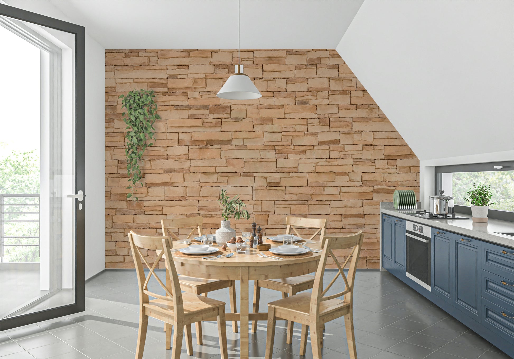 Earth-toned stone wall mural creating a natural, grounding effect in living rooms or feature walls.