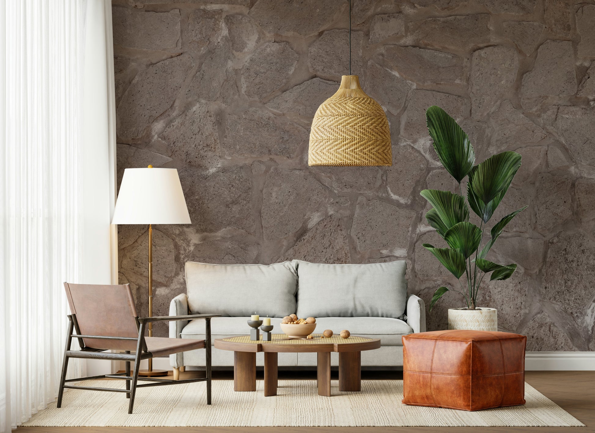 Earth-toned stone wall mural adding depth and character to modern or traditional spaces.
