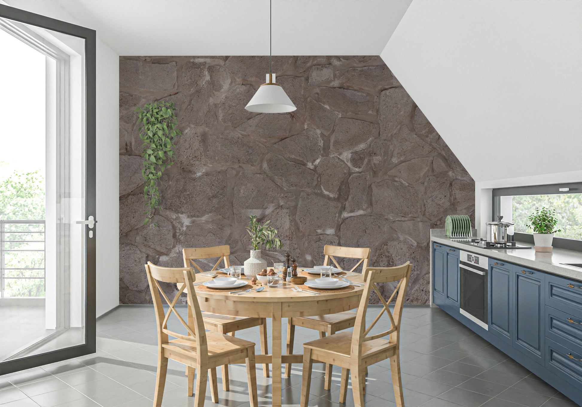 Decorative wall mural featuring rough stone surfaces and earthy shades for timeless interior appeal.