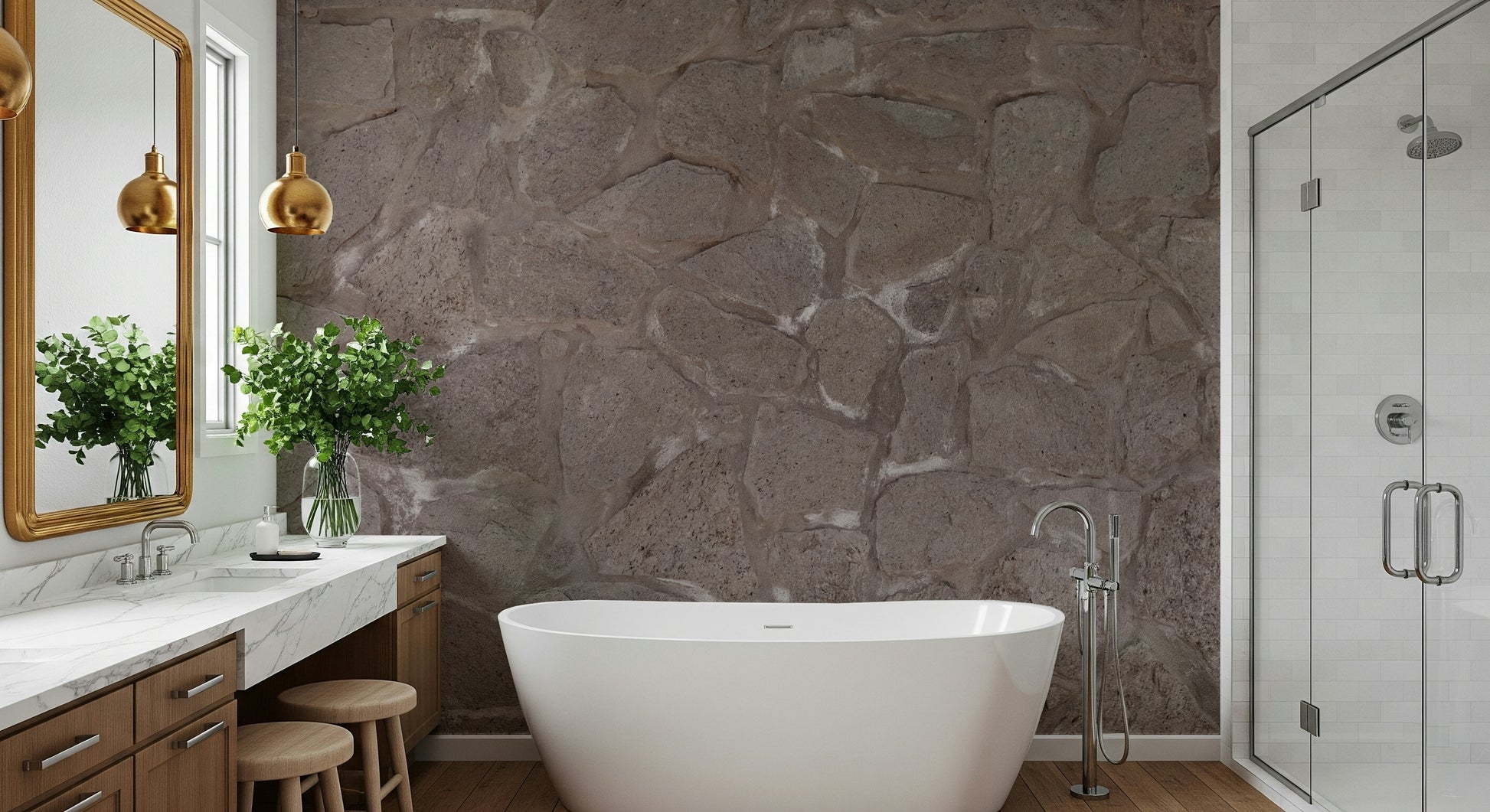 Textured wall mural with layered stone patterns creating a warm and authentic accent wall.
