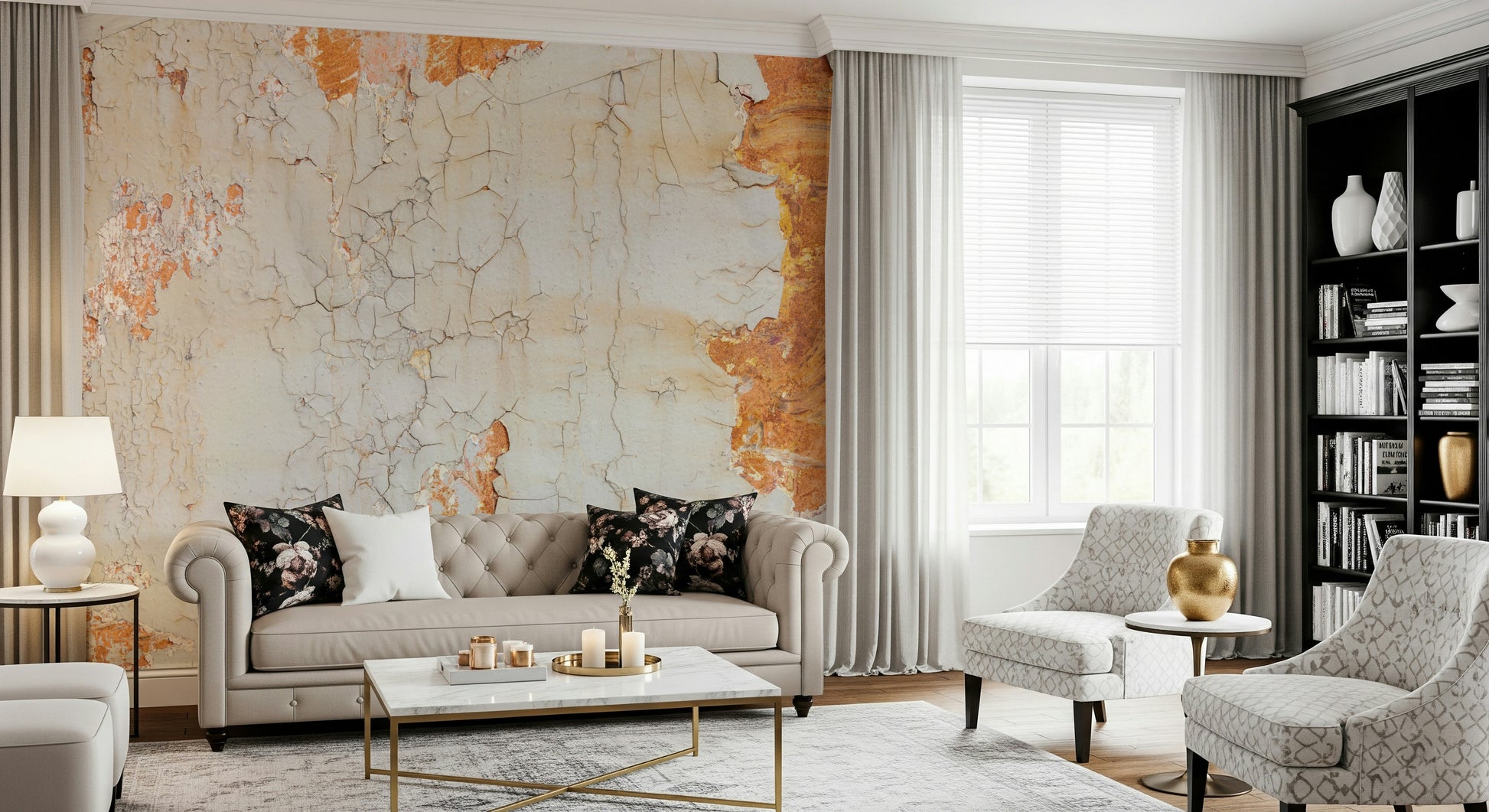 Rustic cracked texture wallpaper mural adding depth and character to living rooms or loft spaces.