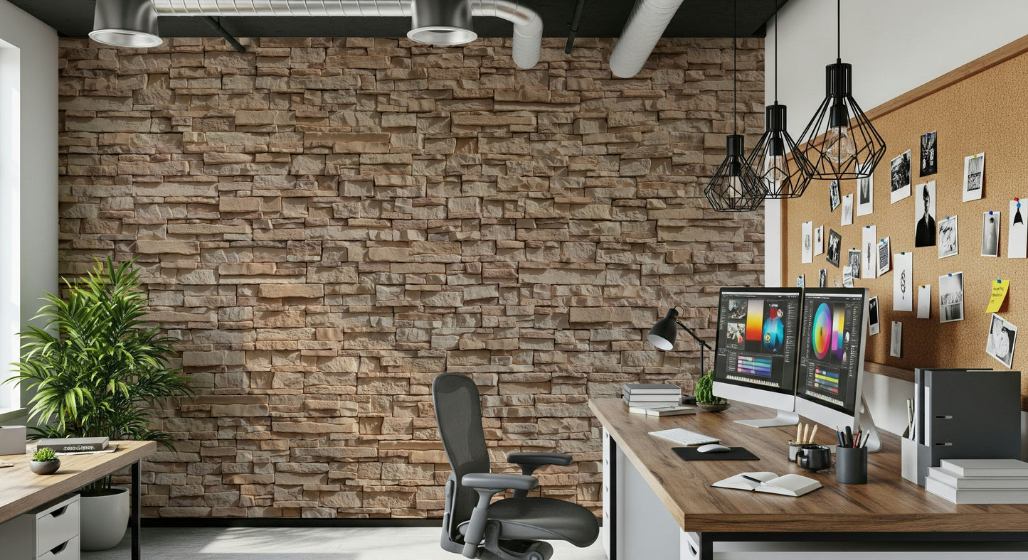 Textured stone cladding mural in neutral earthy tones creating a realistic and elegant wall effect.