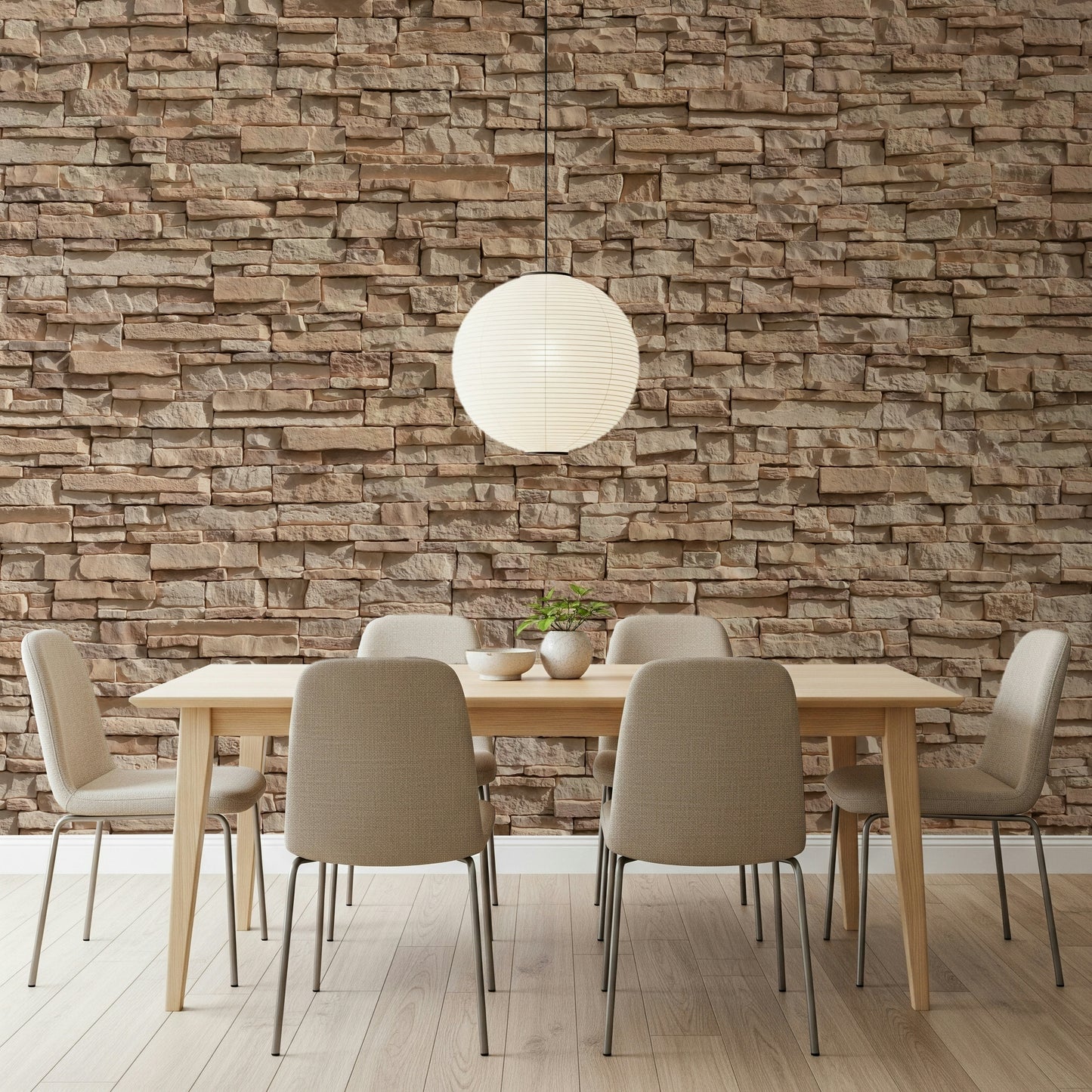 Wall mural with natural stone cladding patterns for bold, sophisticated interior décor.