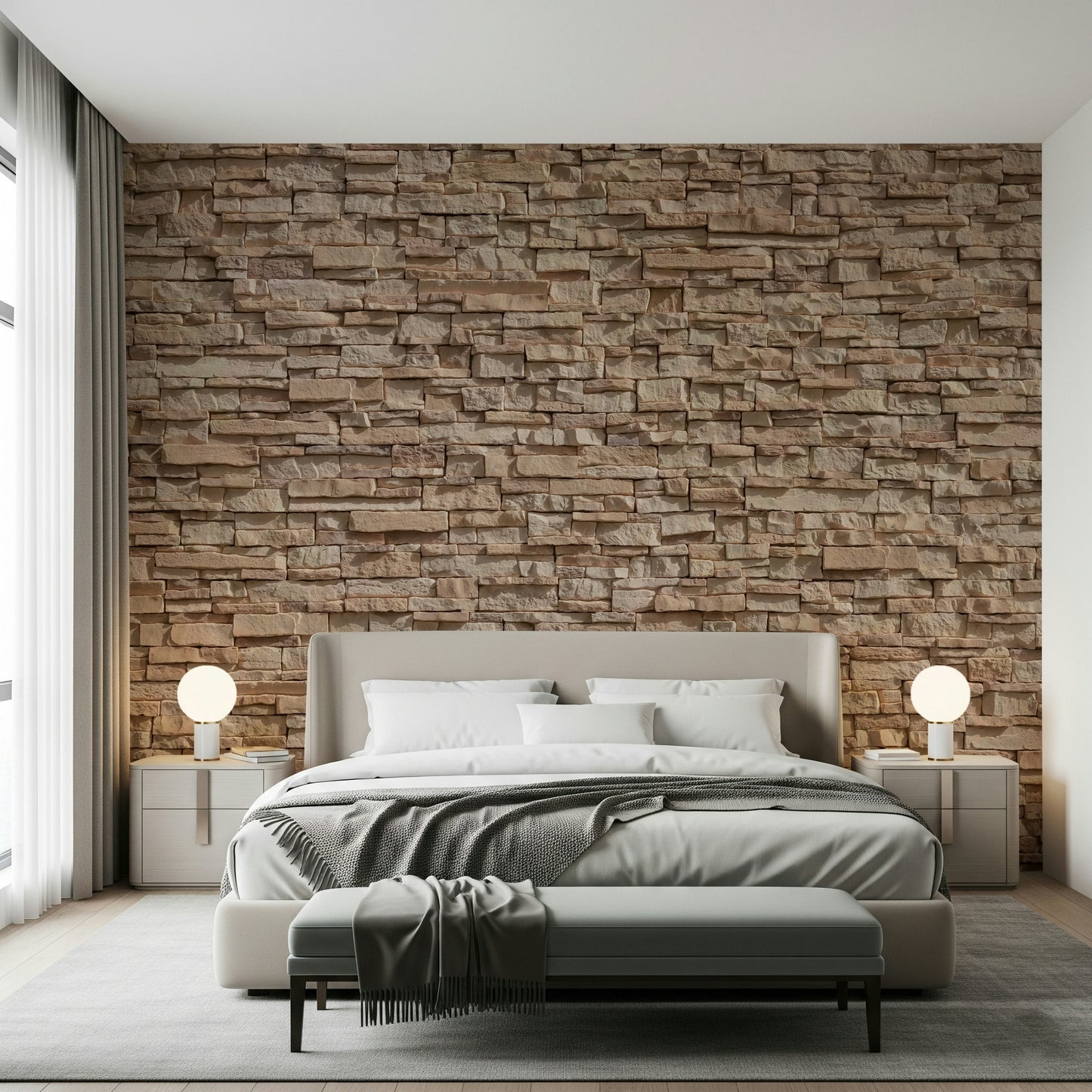 3D stone cladding effect wall mural with earthy tones and layered textures for feature walls.
