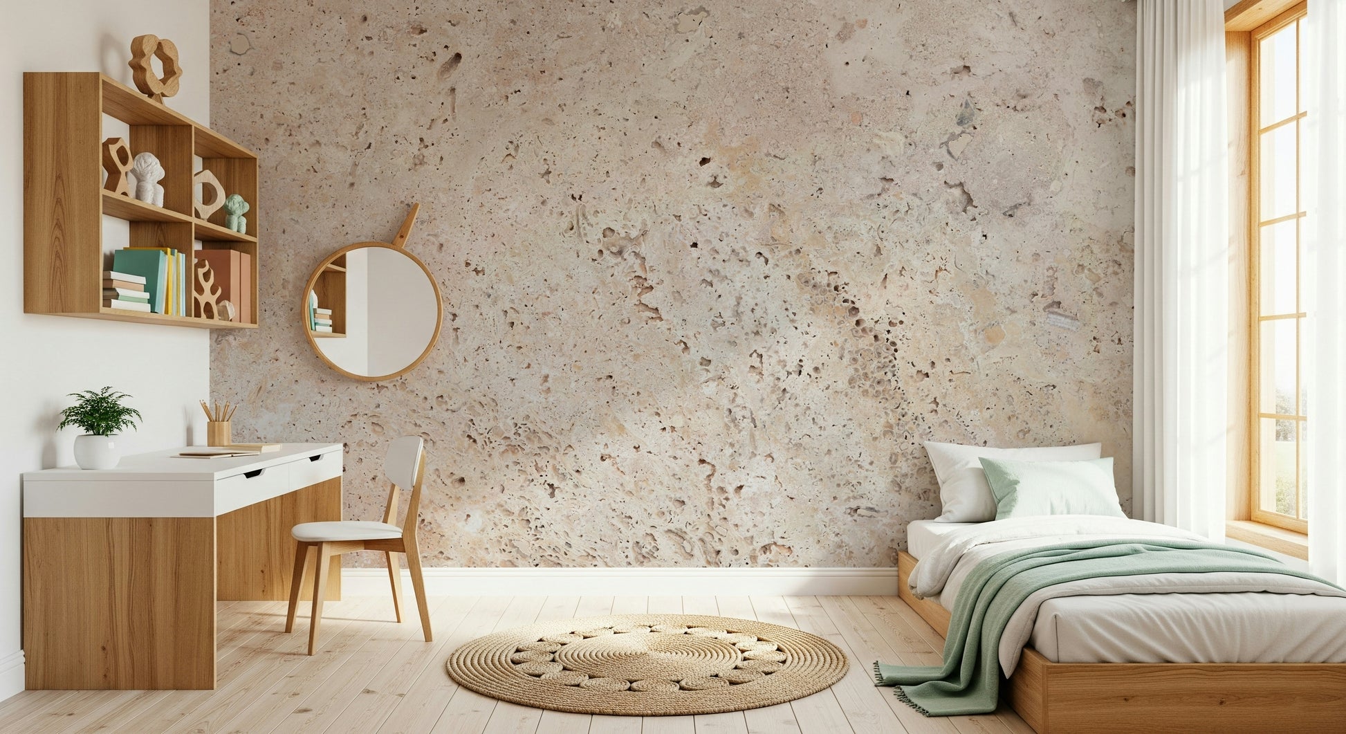 Textured wall mural with beige stone patterns creating a warm and understated accent wall.
