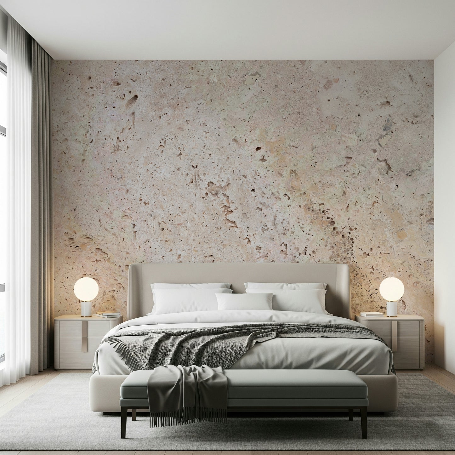 Subtle stone wall mural with gentle earthy tones and layered textures for a sophisticated interior look.