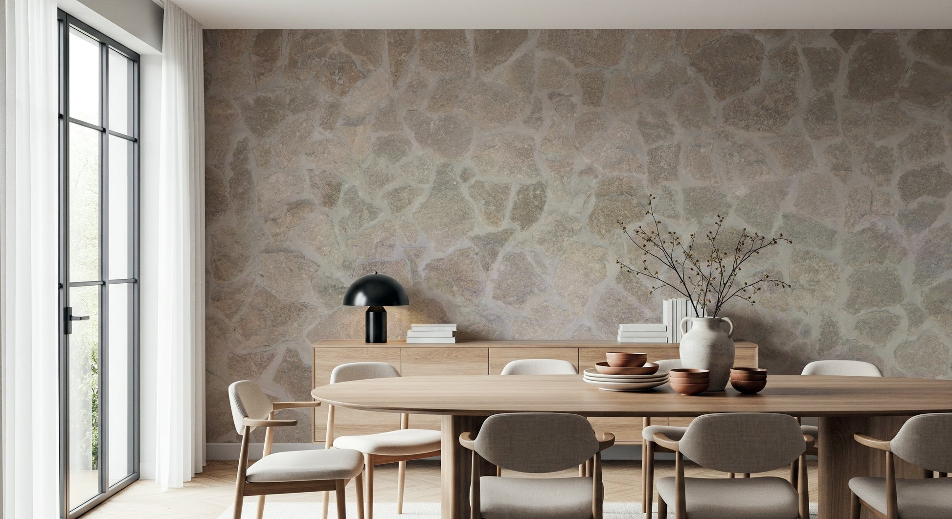 Textured wall mural with mosaic stone patterns creating a rustic and artistic accent wall.