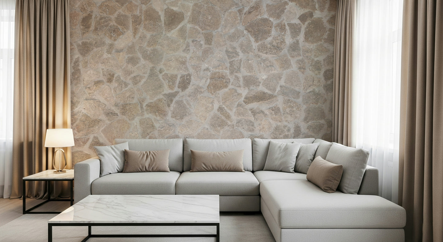 Earth-toned mosaic stone wallpaper mural adding texture and character to living spaces or offices.