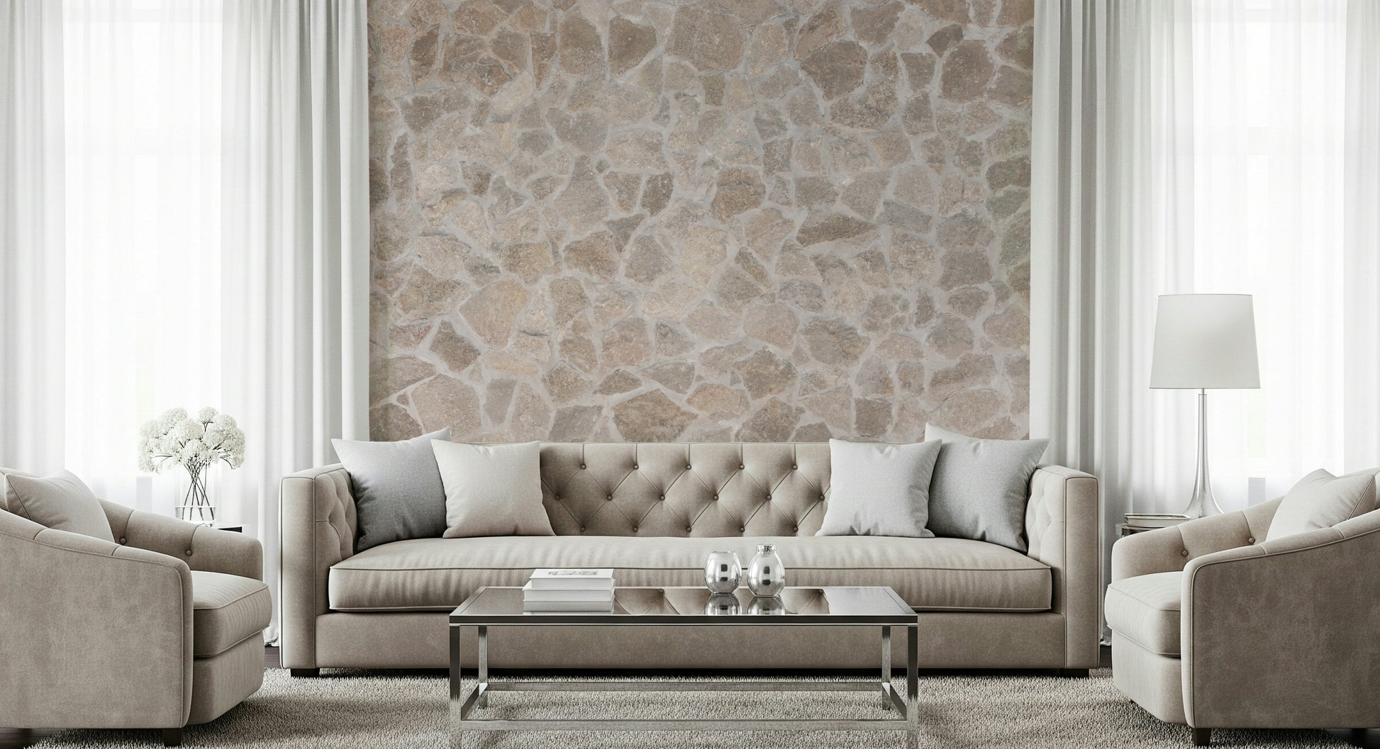 Stone mosaic wallpaper mural showcasing layered stone tiles in neutral and earthy colors.