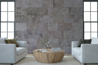 Warm-toned rustic block wallpaper mural adding a cozy, grounded aesthetic to any room.