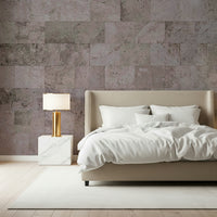 Rustic block pattern wallpaper with weathered surfaces and subtle color variations for modern farmhouse décor.